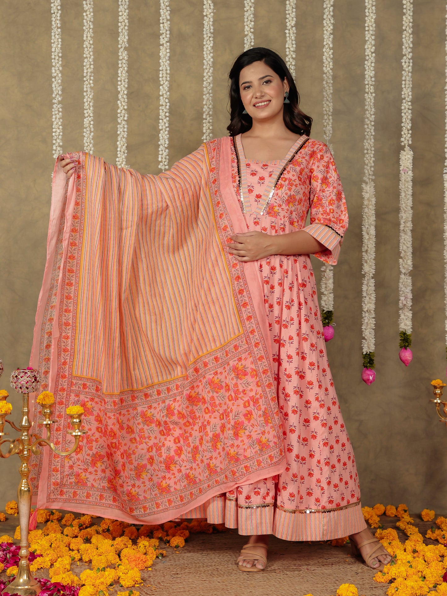 Soft Cotton Floral Flared Peach Kurta