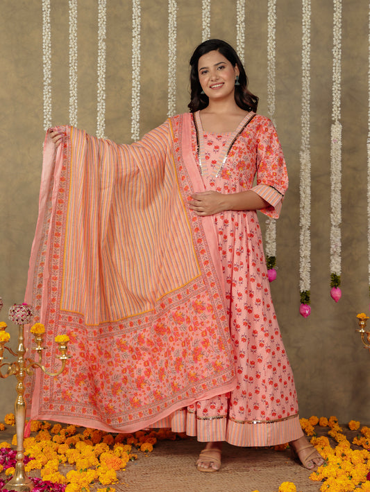 Soft Cotton Floral Flared Peach Kurta
