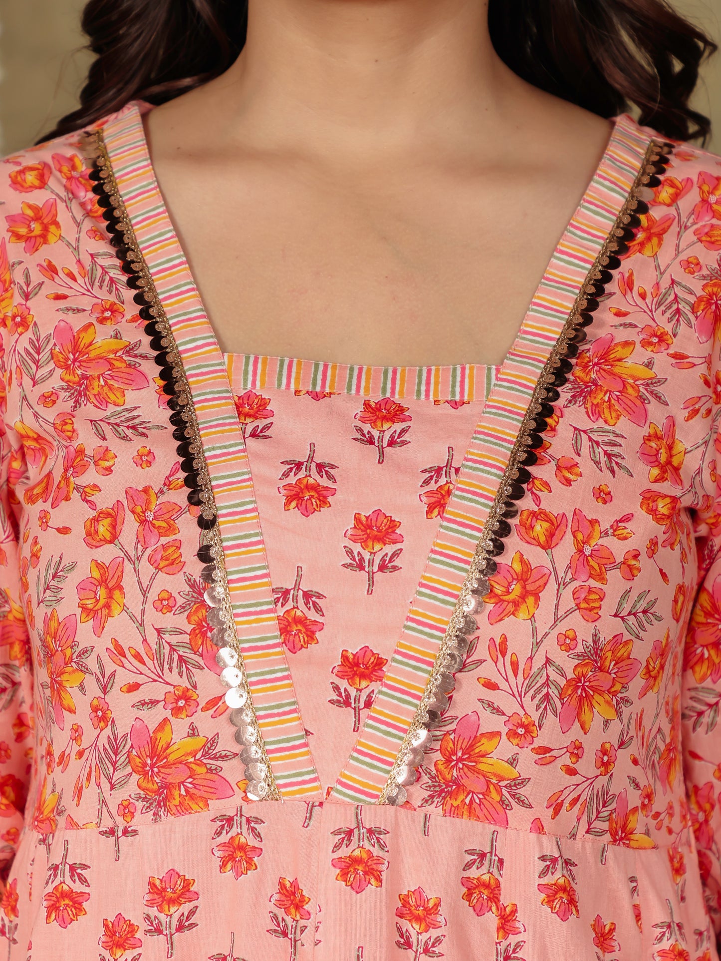 Soft Cotton Floral Flared Peach Kurta