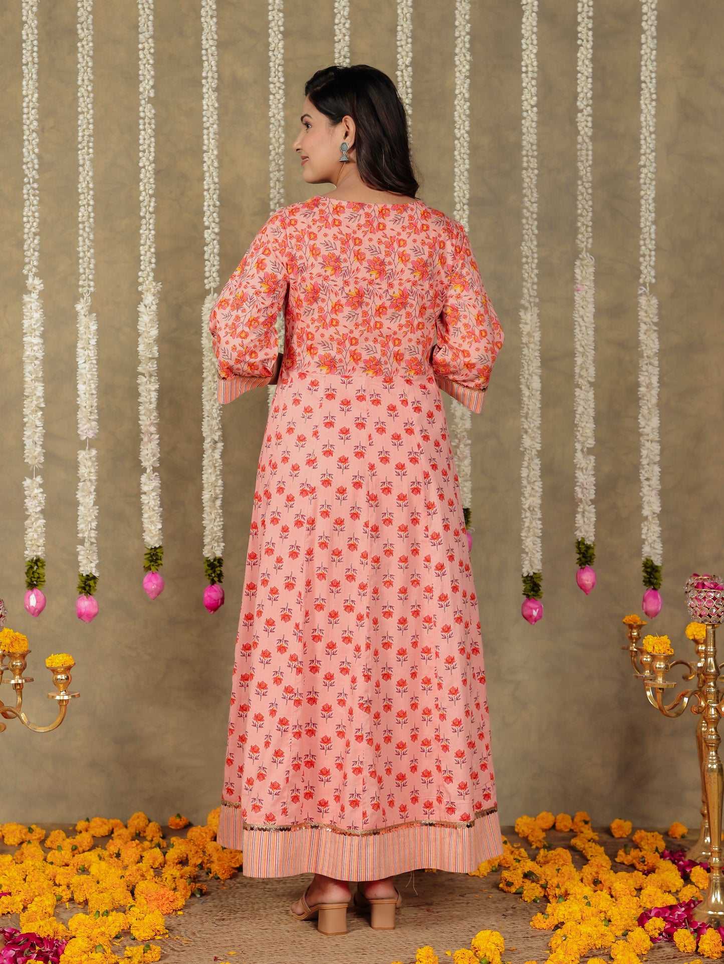 Soft Cotton Floral Flared Peach Kurta