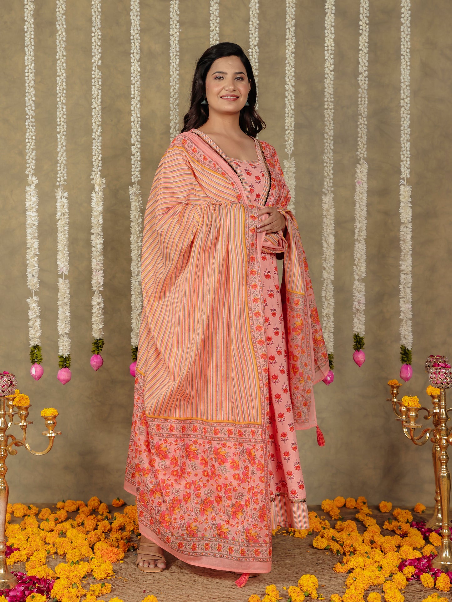 Soft Cotton Floral Flared Peach Kurta