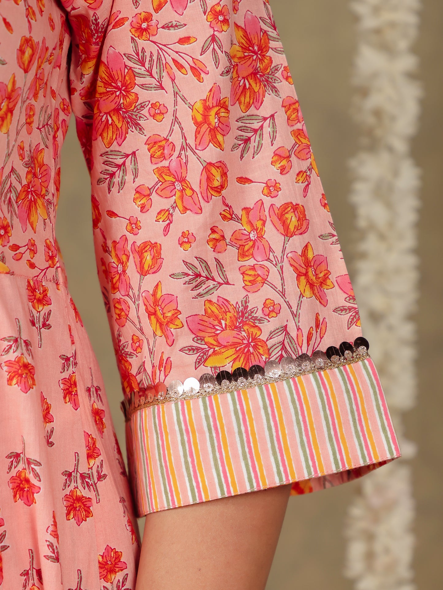 Soft Cotton Floral Flared Peach Kurta