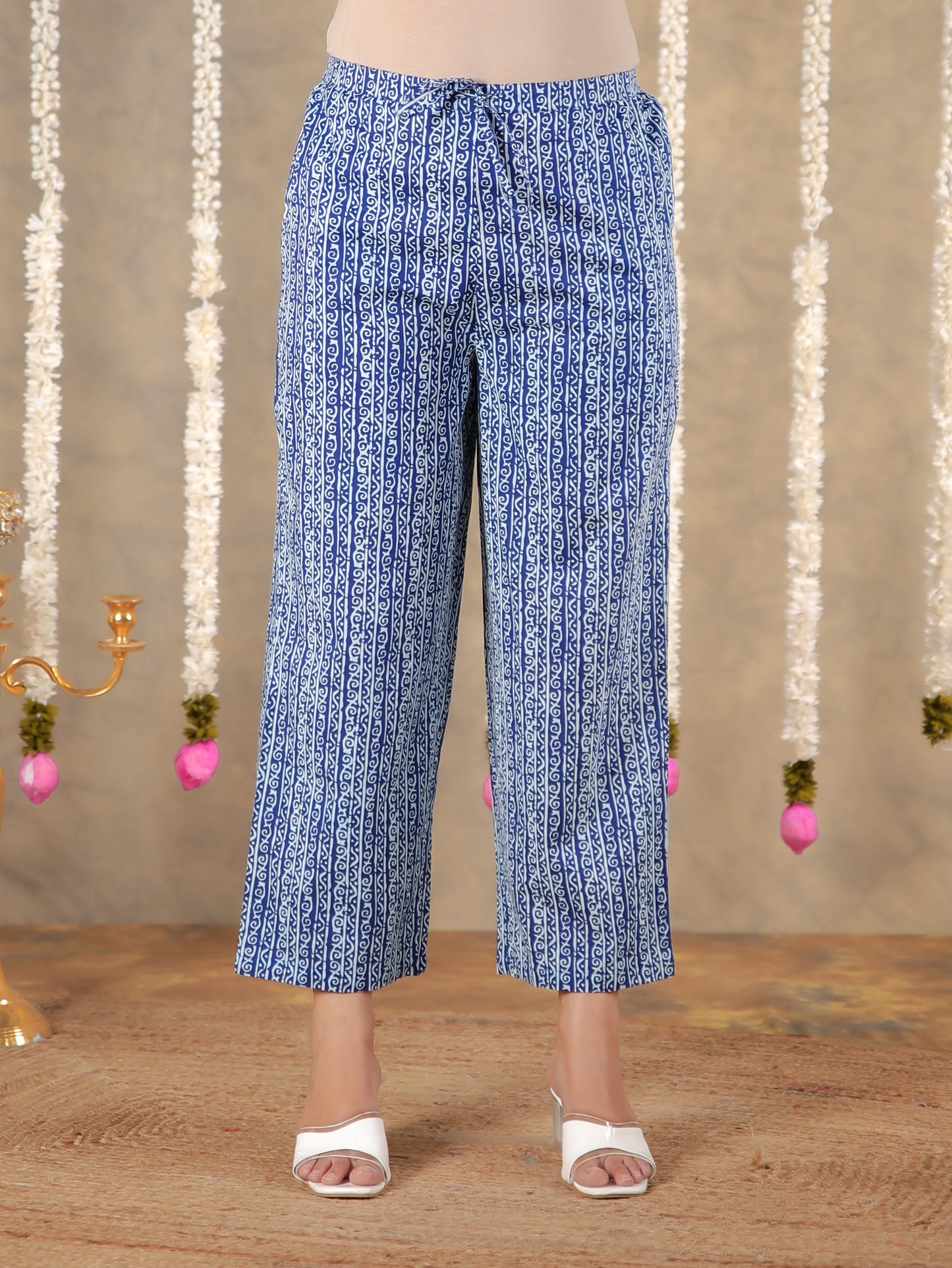 Soft Cotton Tribal Blue Straight Trousers