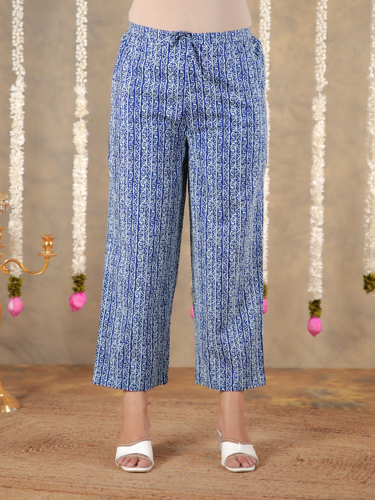 Soft Cotton Tribal Blue Straight Trousers