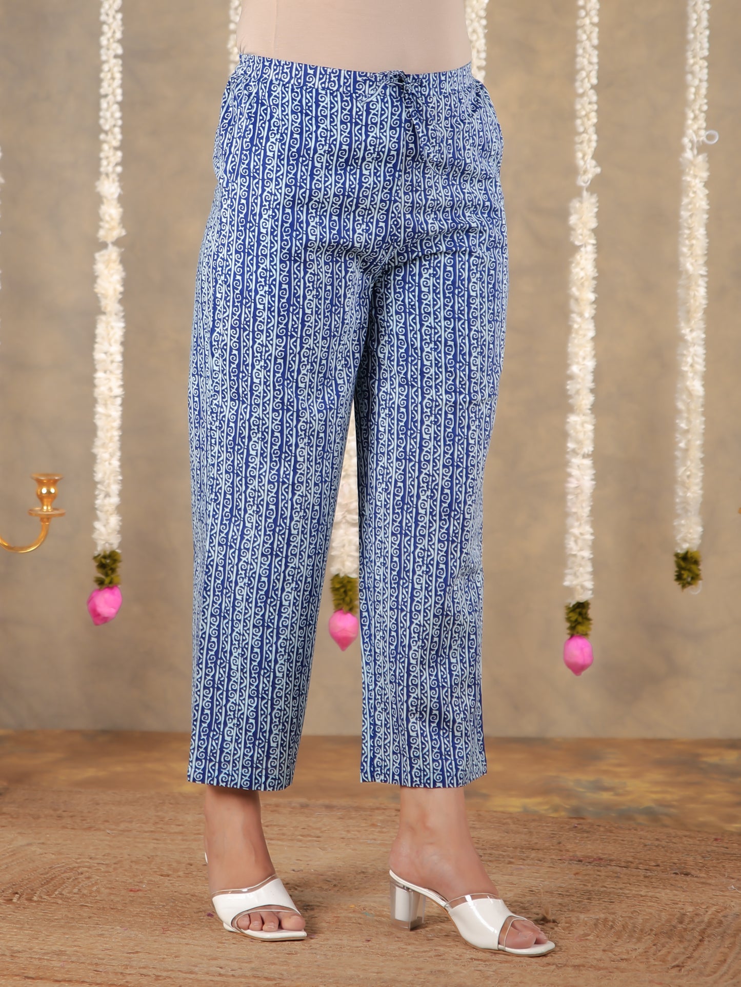 Soft Cotton Tribal Blue Straight Trousers