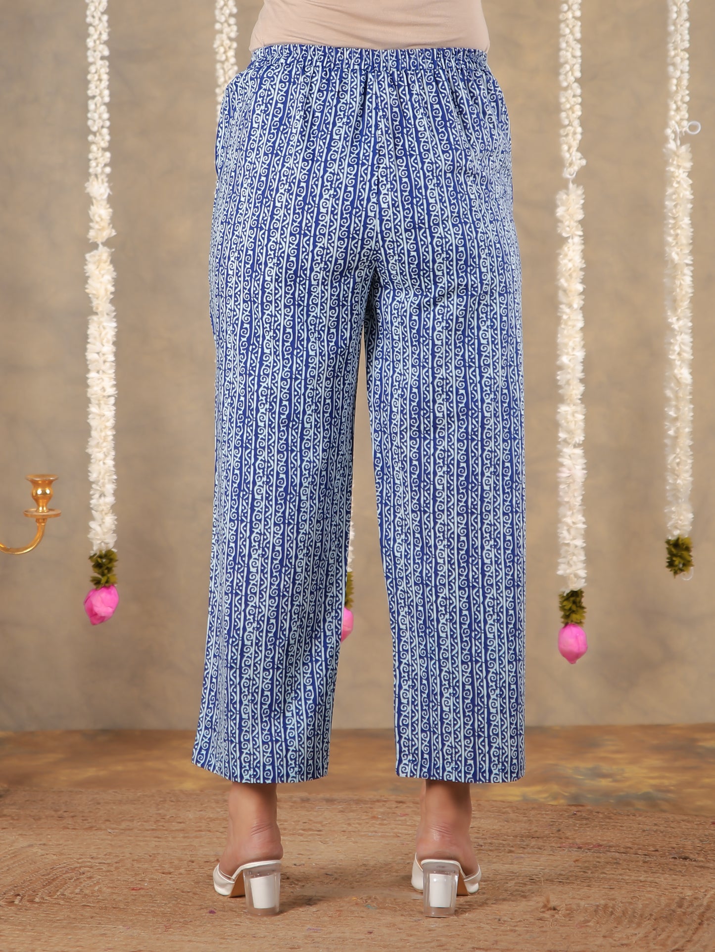Soft Cotton Tribal Blue Straight Trousers
