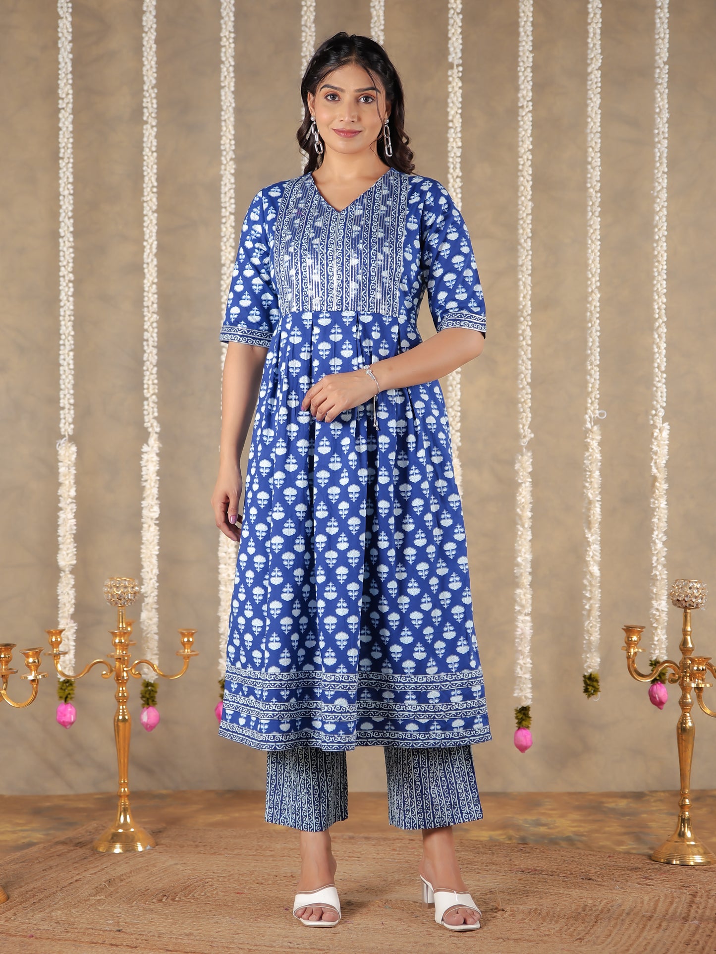 Soft Cotton Block A-line Blue Kurta