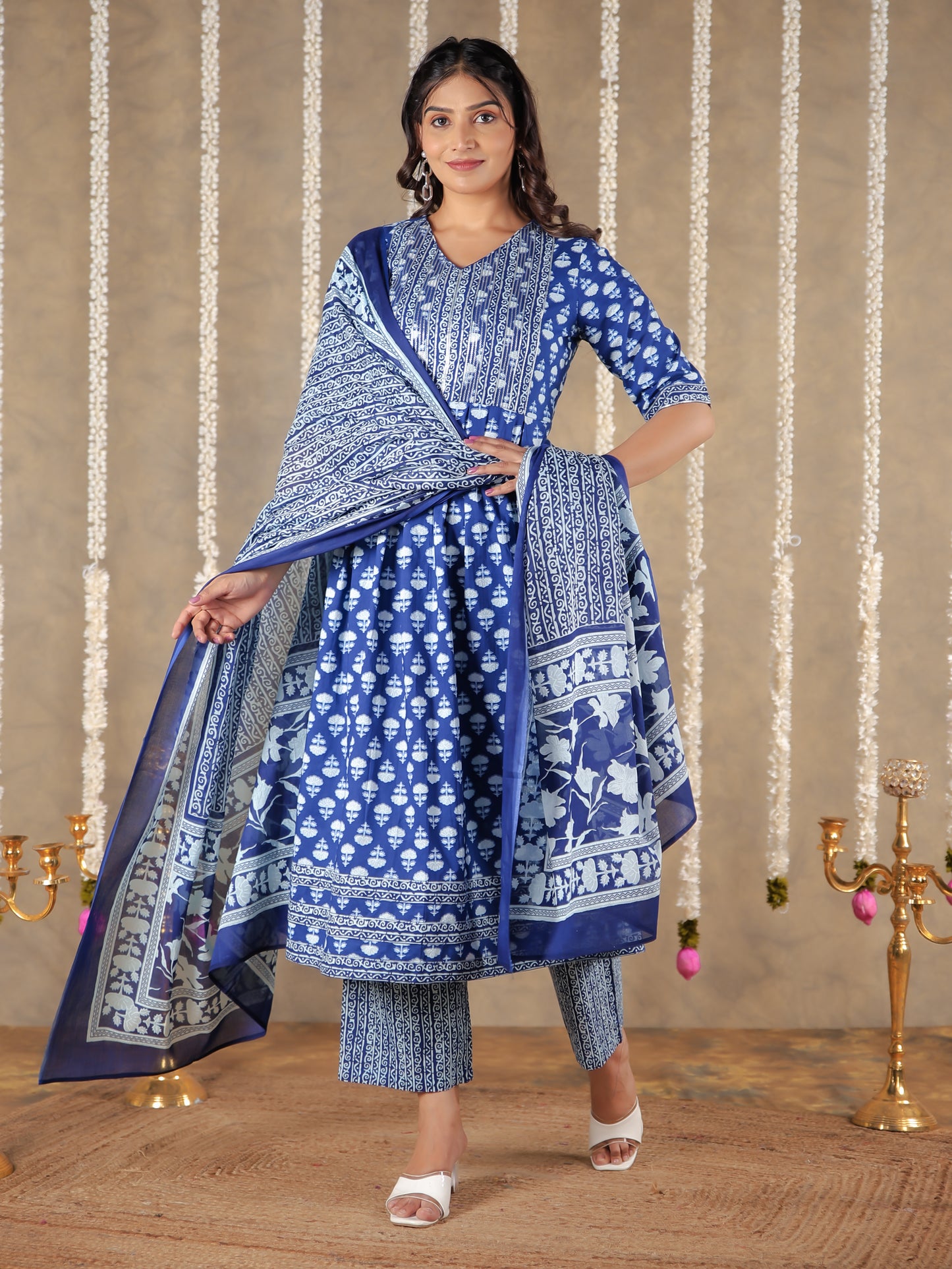 Soft Cotton Block A-line Blue Kurta