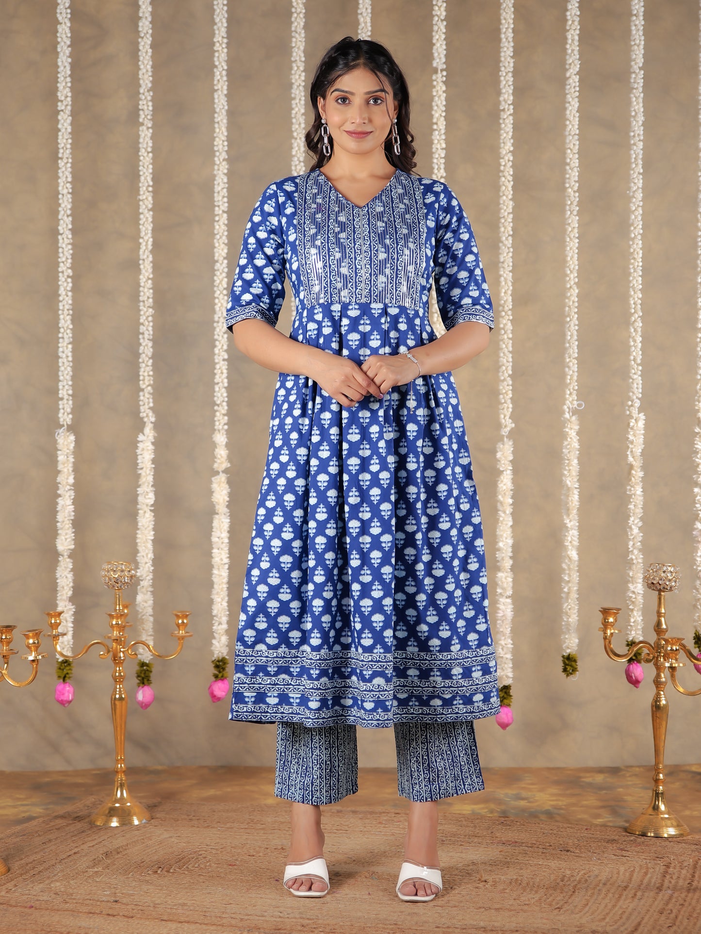 Soft Cotton Block A-line Blue Kurta