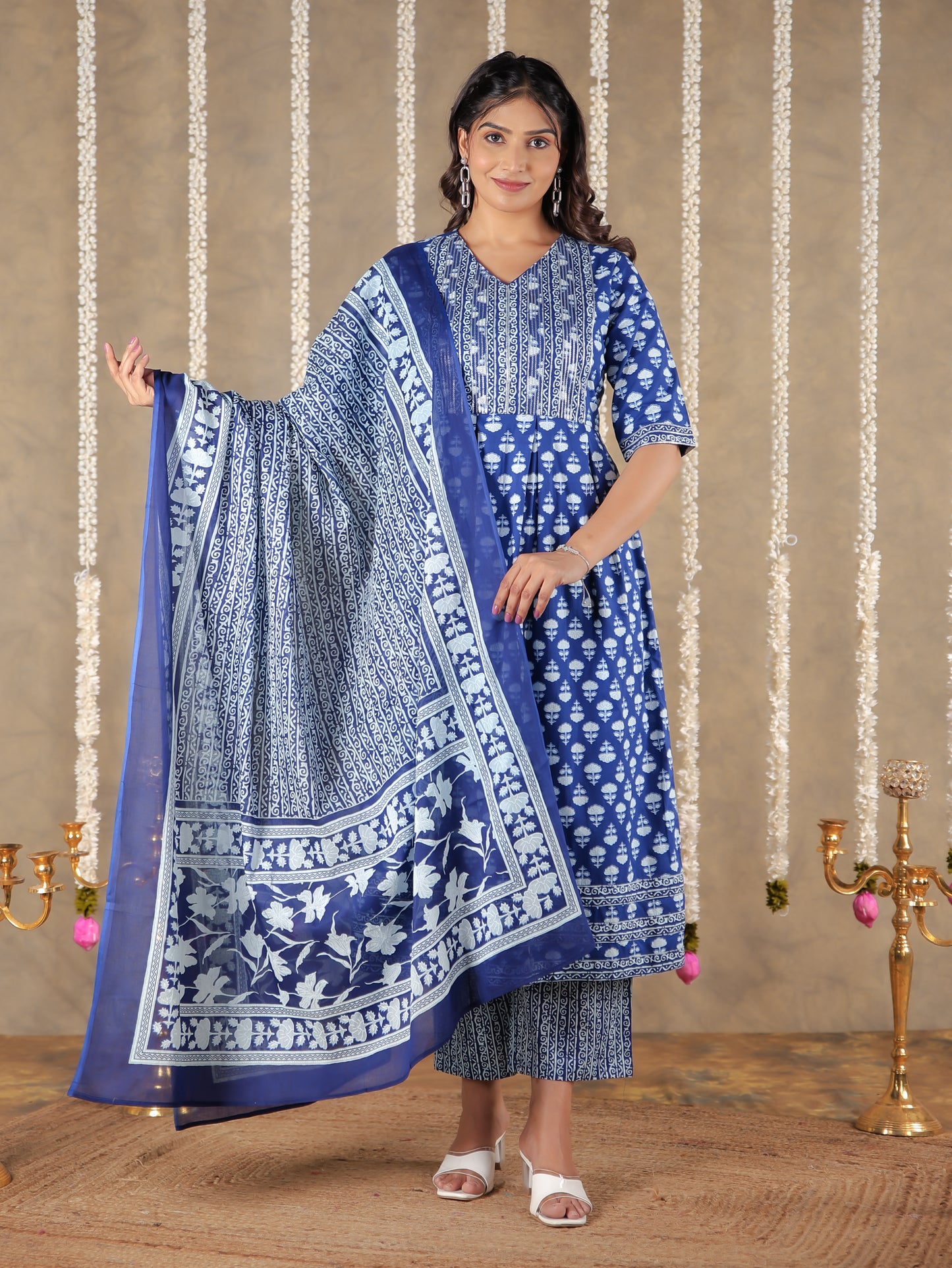 Soft Cotton Block A-line Blue Kurta