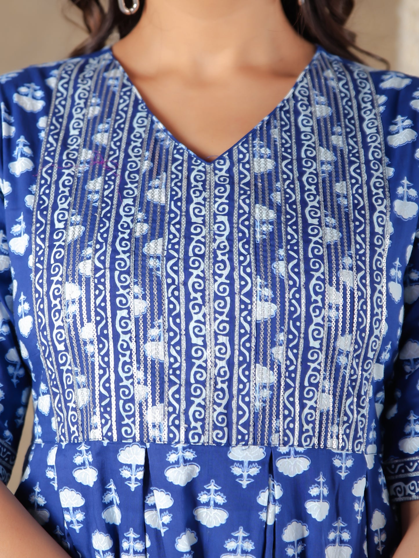 Soft Cotton Block A-line Blue Kurta