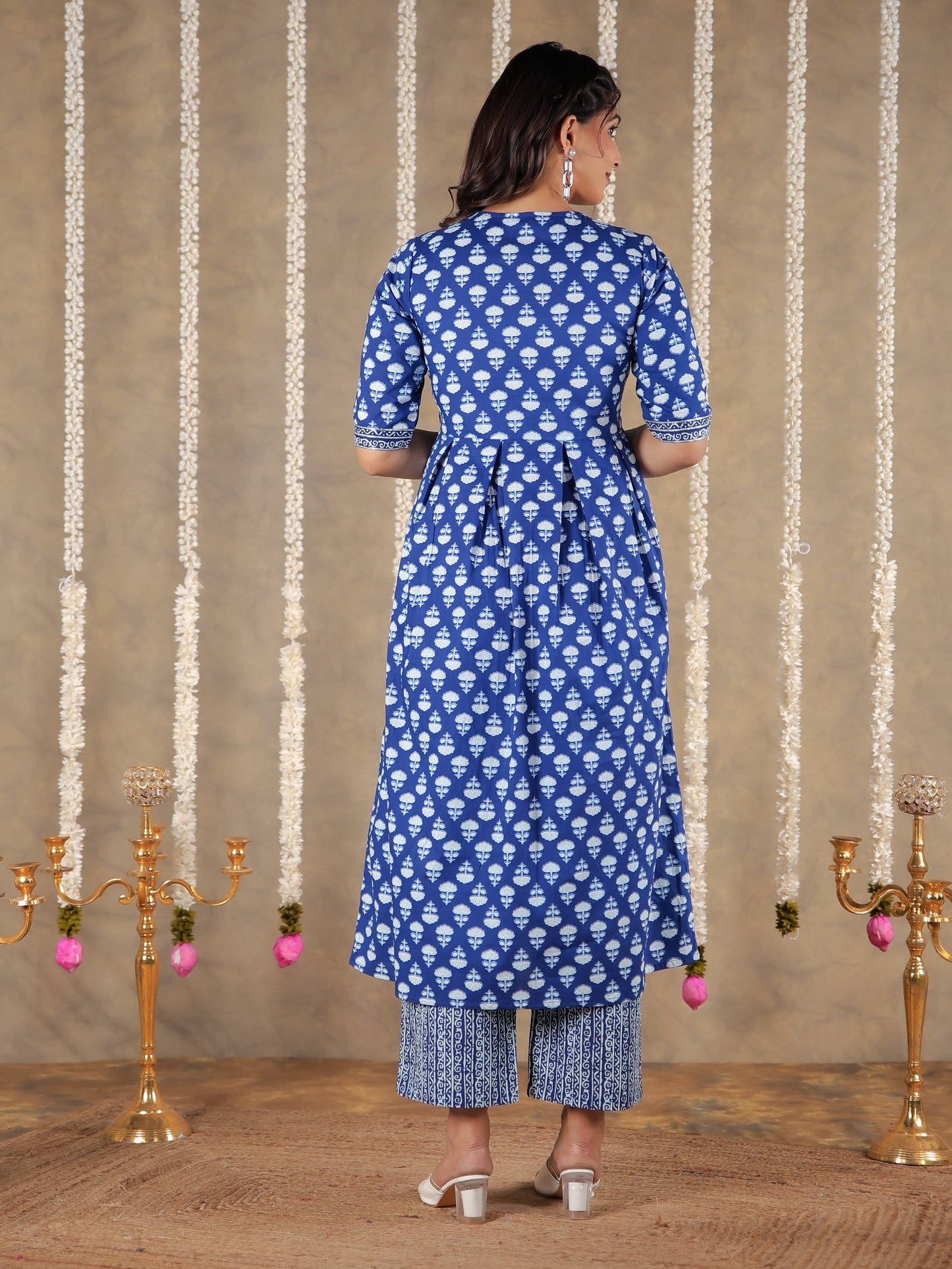 Soft Cotton Block A-line Blue Kurta