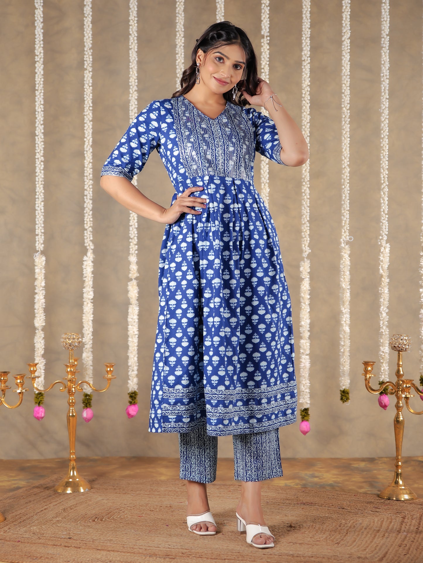 Soft Cotton Block A-line Blue Kurta