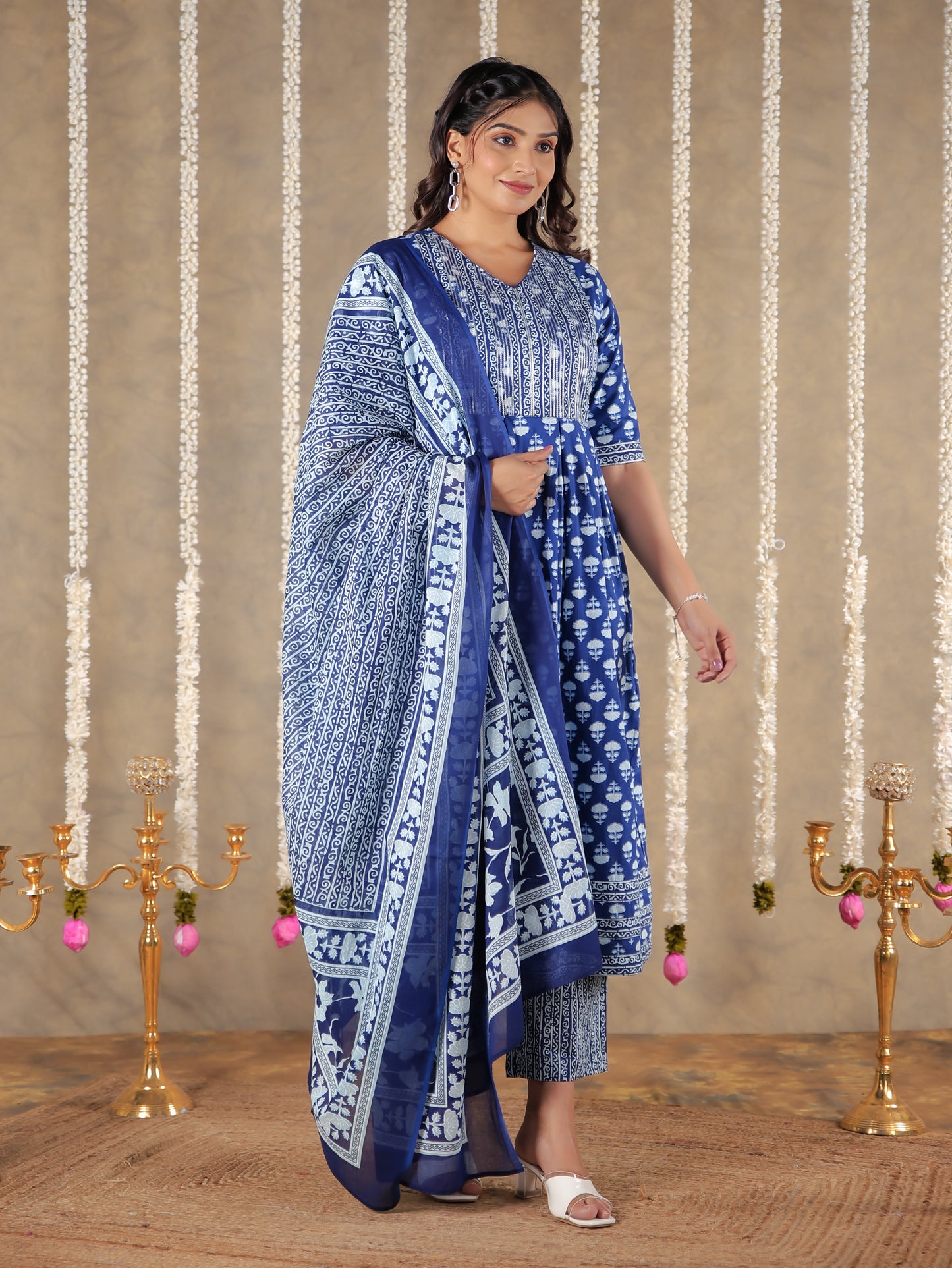 Soft Cotton Block A-line Blue Kurta