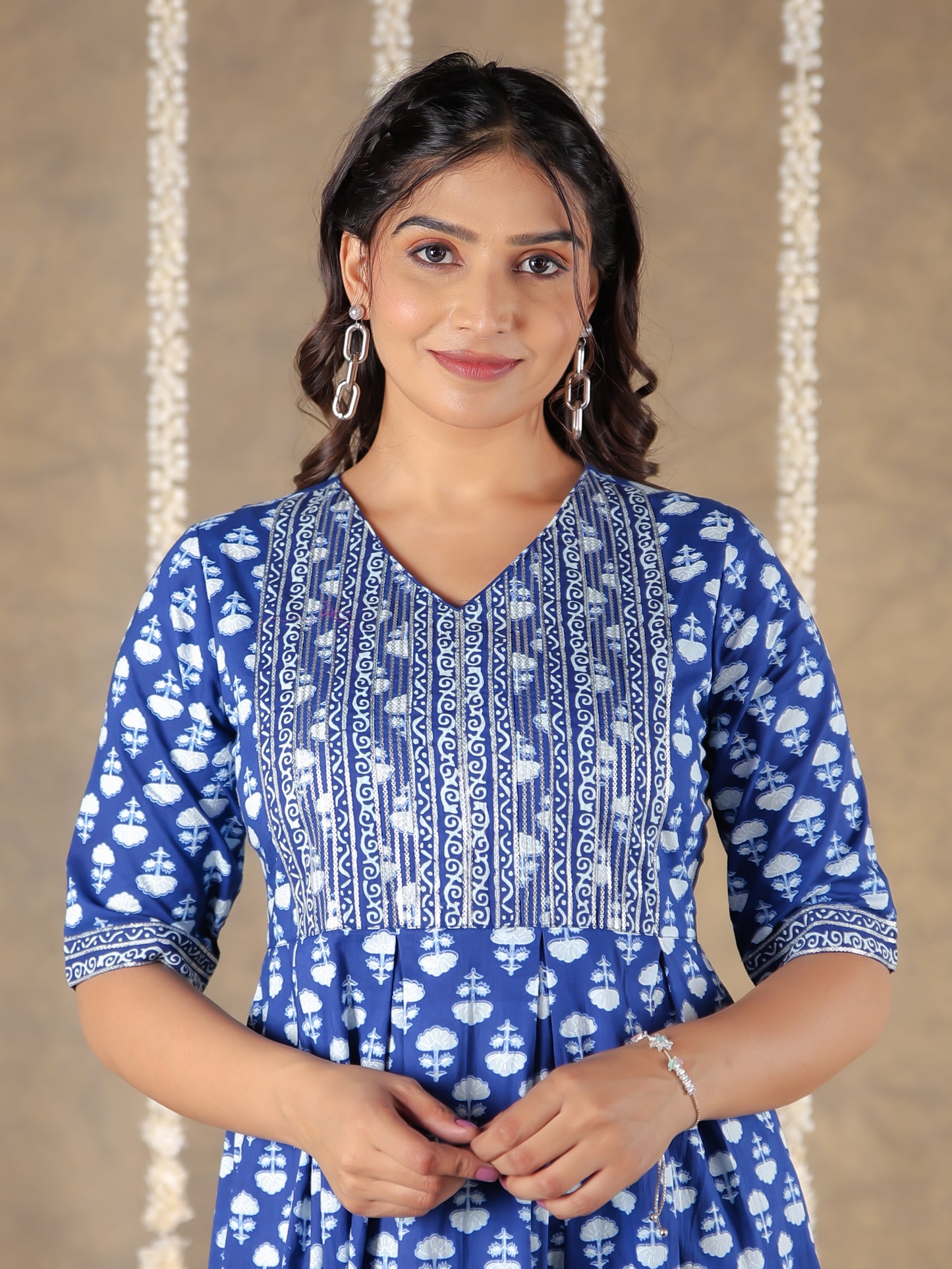 Soft Cotton Block A-line Blue Kurta