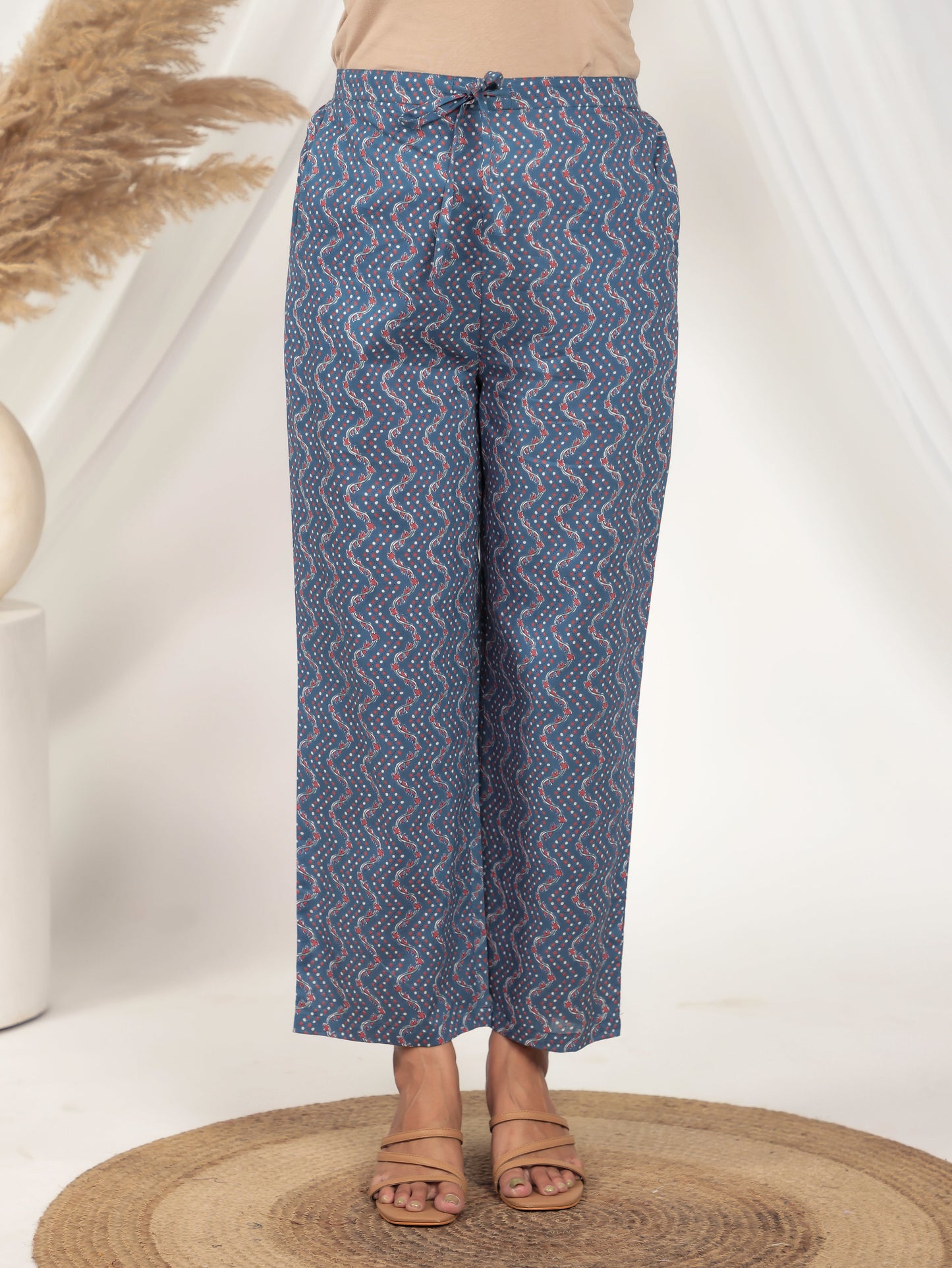 Soft Cotton Floral Blue Straight Trousers