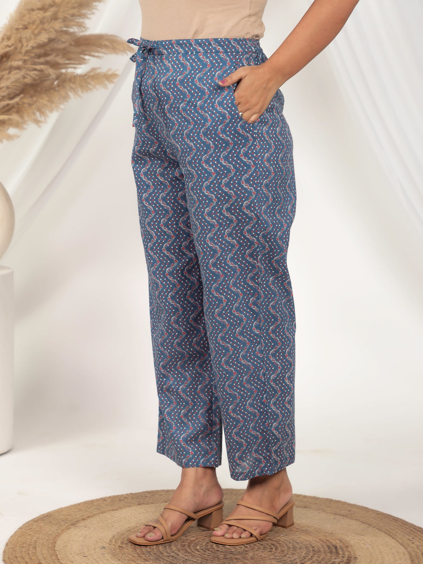 Soft Cotton Floral Blue Straight Trousers