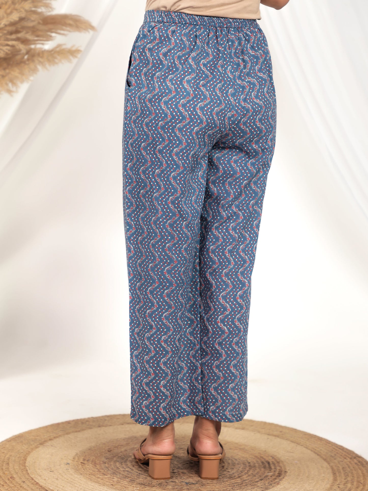 Soft Cotton Floral Blue Straight Trousers