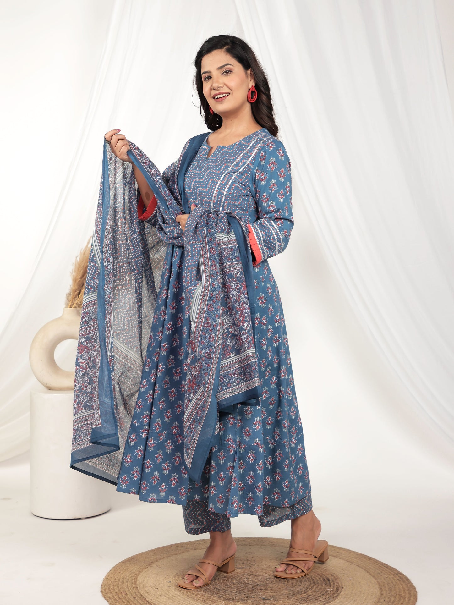 Voile Cotton Floral Blue Dupatta