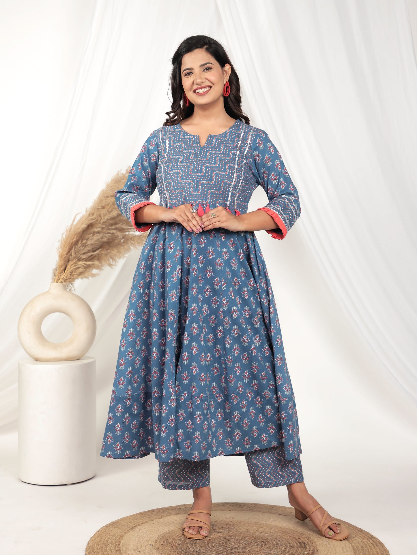 Embroidered Soft Cotton Floral Anarkali Blue Kurta