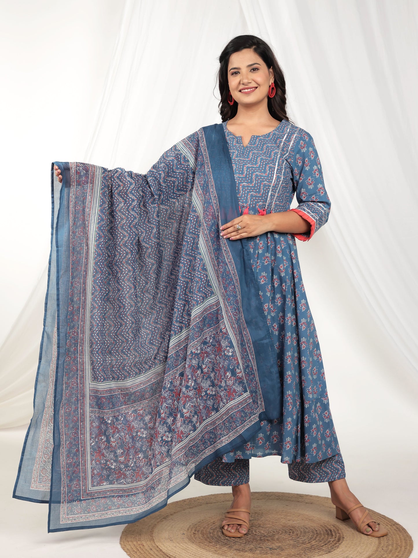 Voile Cotton Floral Blue Dupatta