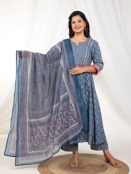 Voile Cotton Floral Blue Dupatta