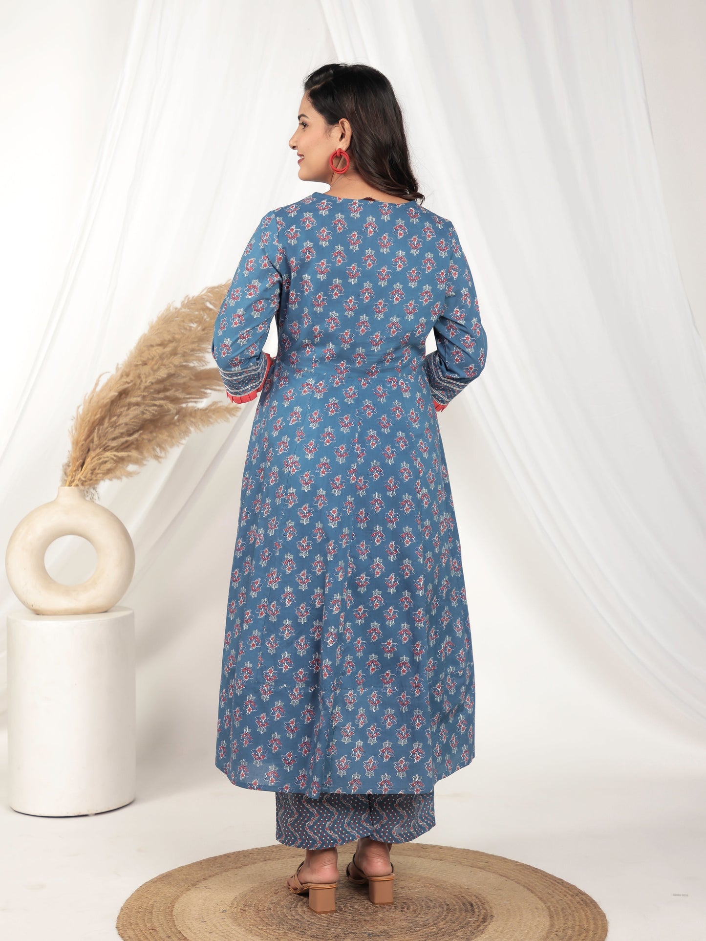 Embroidered Soft Cotton Floral Anarkali Blue Kurta