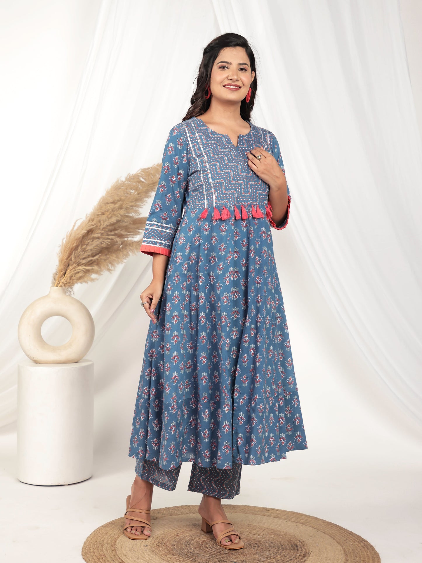 Embroidered Soft Cotton Floral Anarkali Blue Kurta