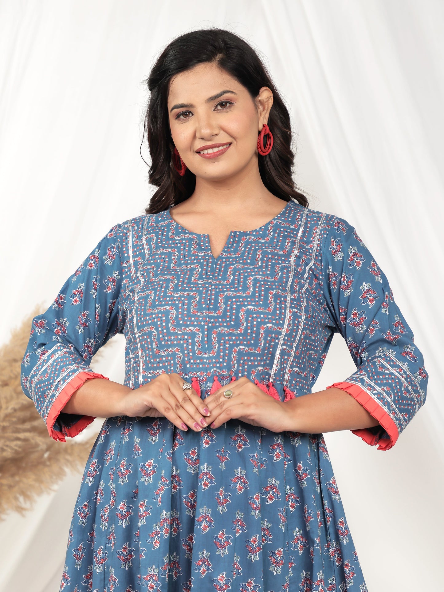 Embroidered Soft Cotton Floral Anarkali Blue Kurta