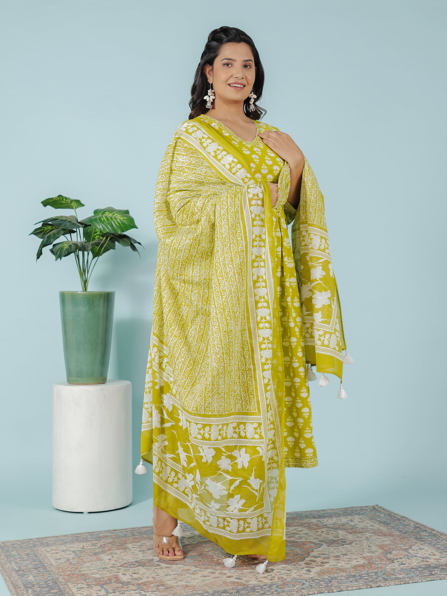 Soft Cotton Floral Flared Green Kurta