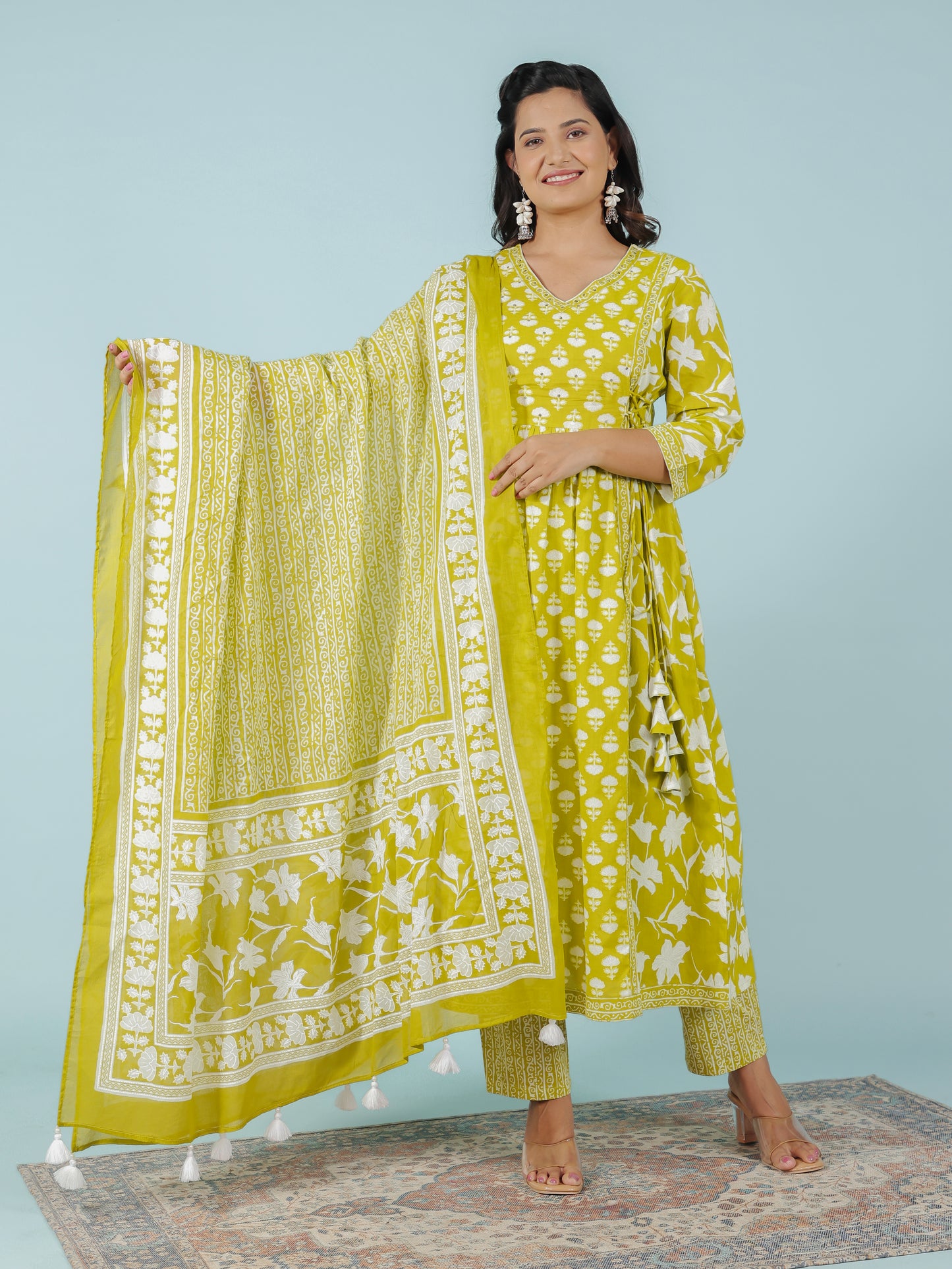 Soft Cotton Floral Flared Green Kurta