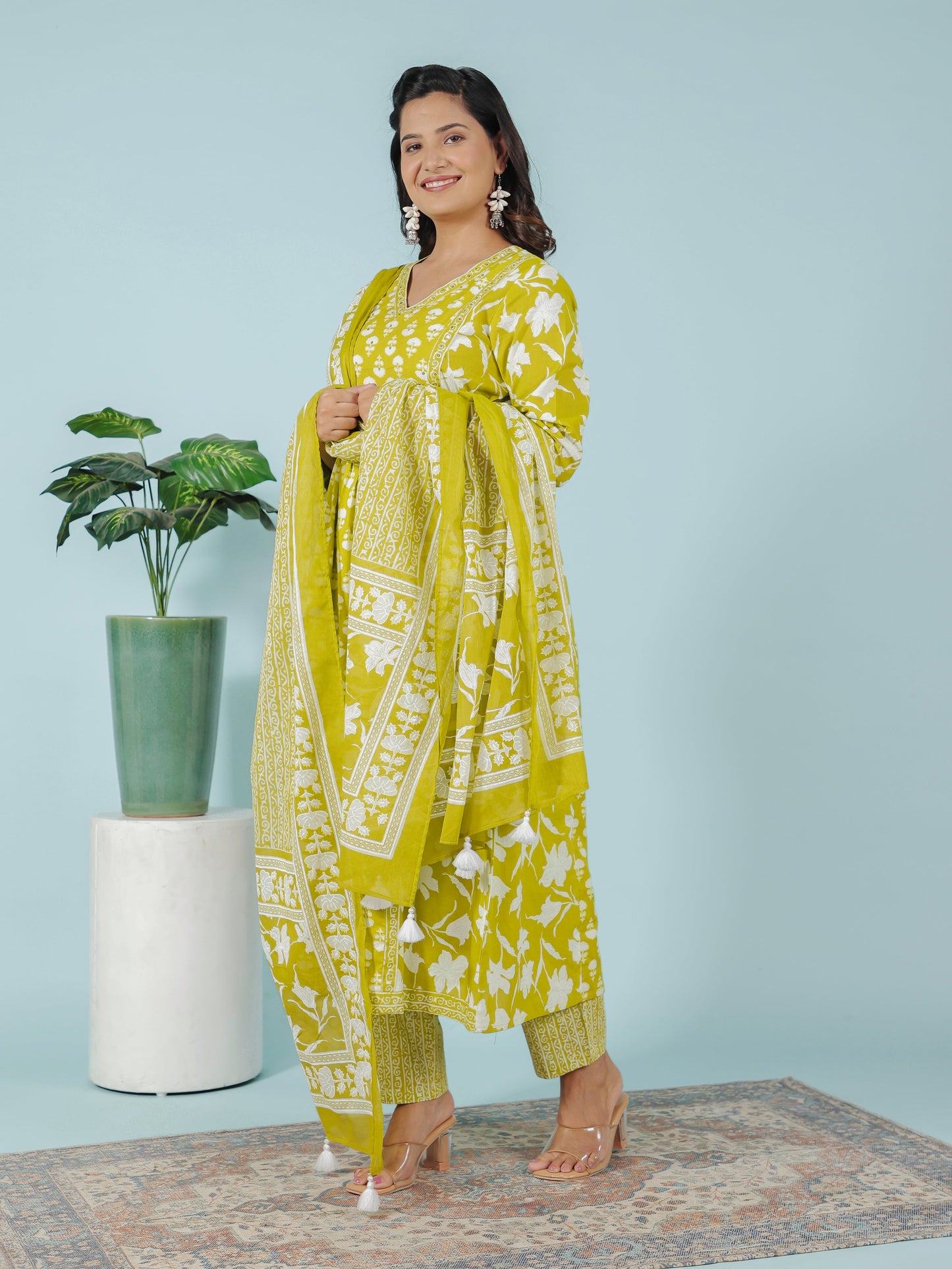 Soft Cotton Floral Flared Green Kurta