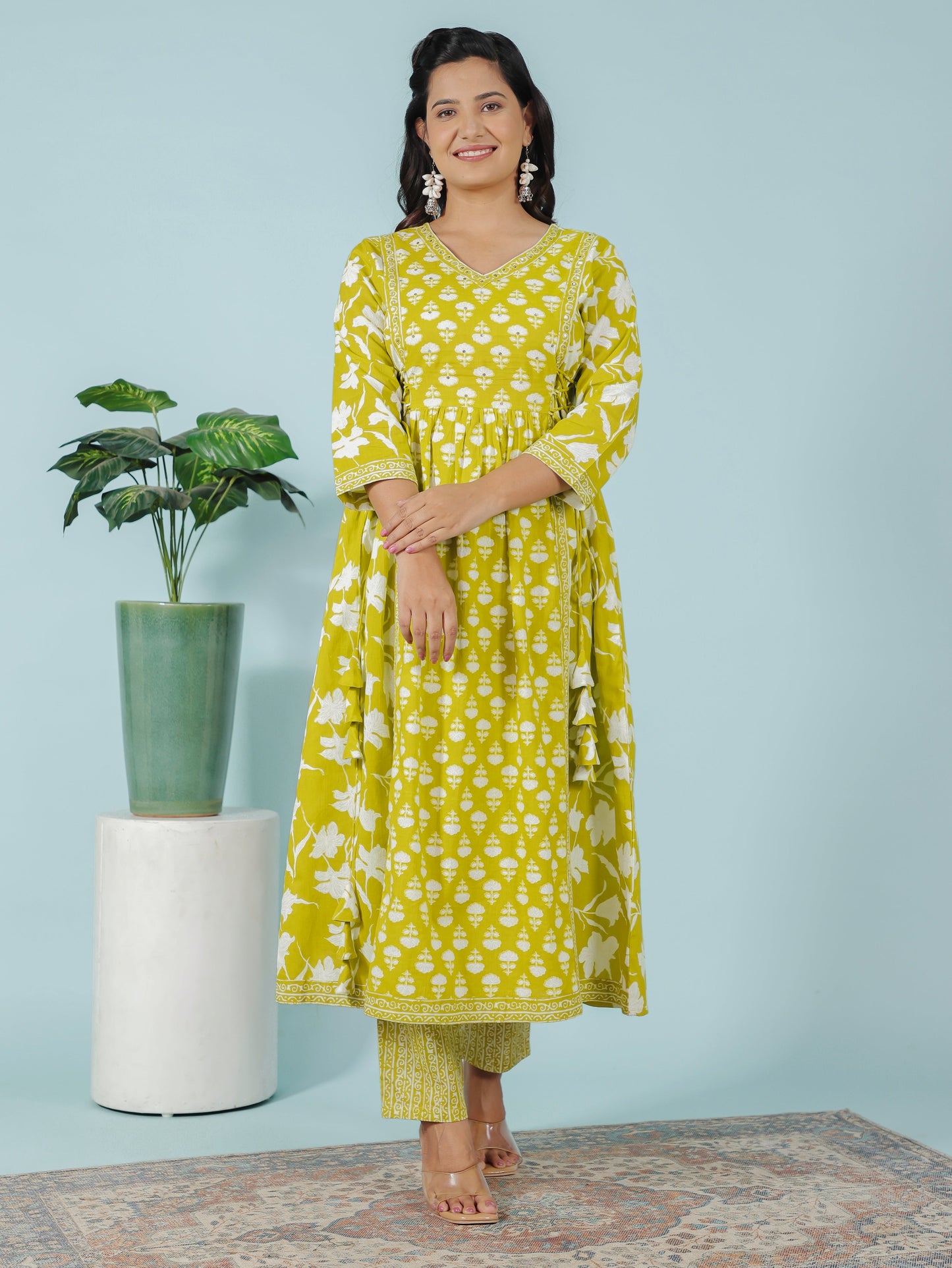 Soft Cotton Floral Flared Green Kurta