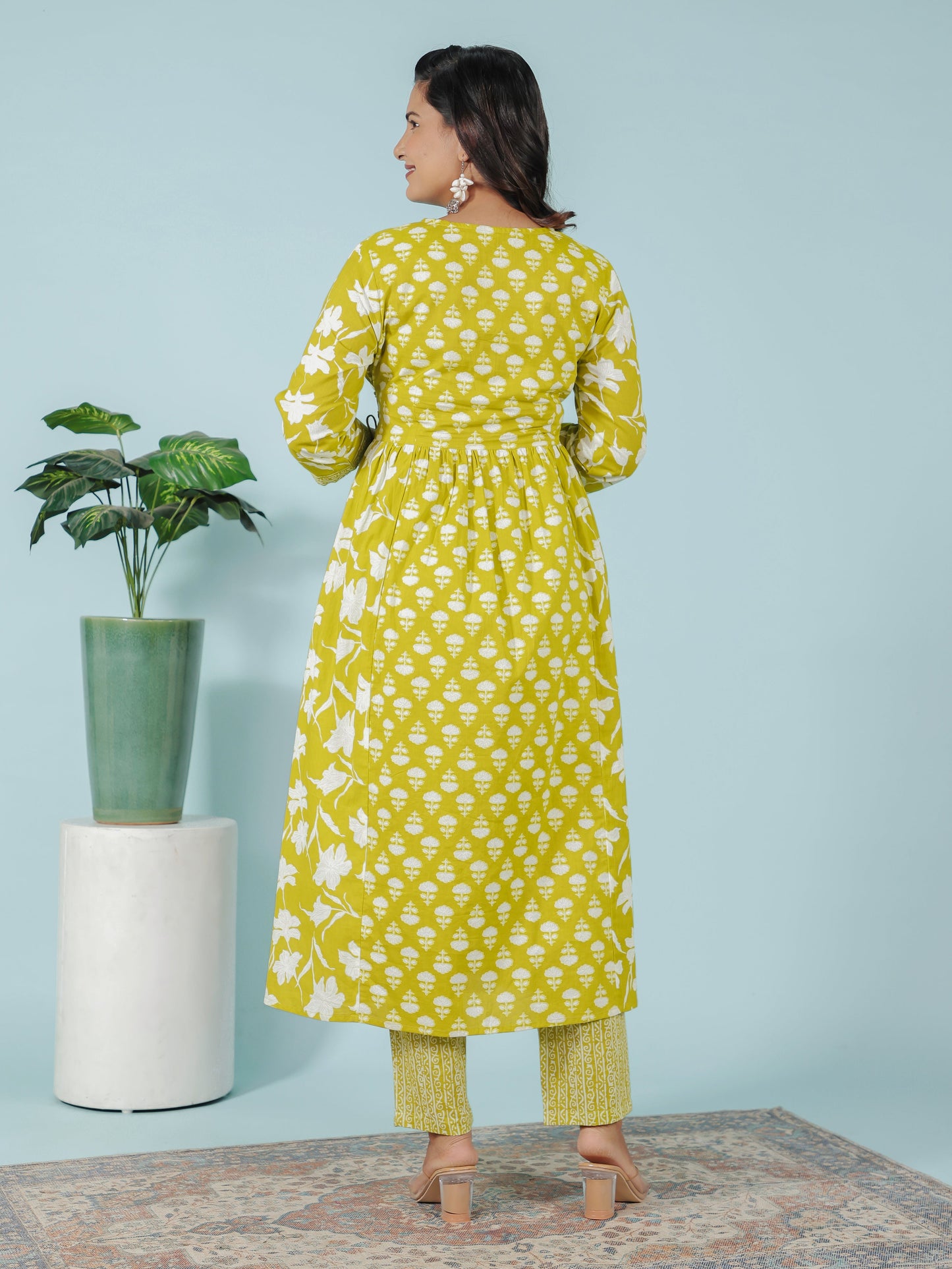 Soft Cotton Floral Flared Green Kurta