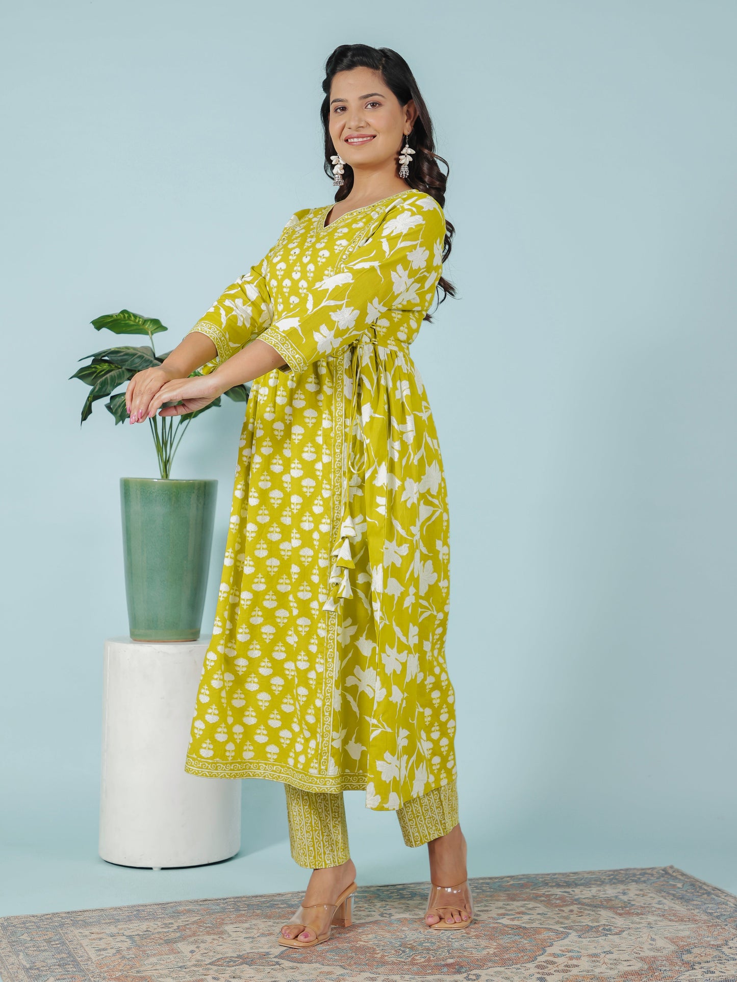 Soft Cotton Floral Flared Green Kurta