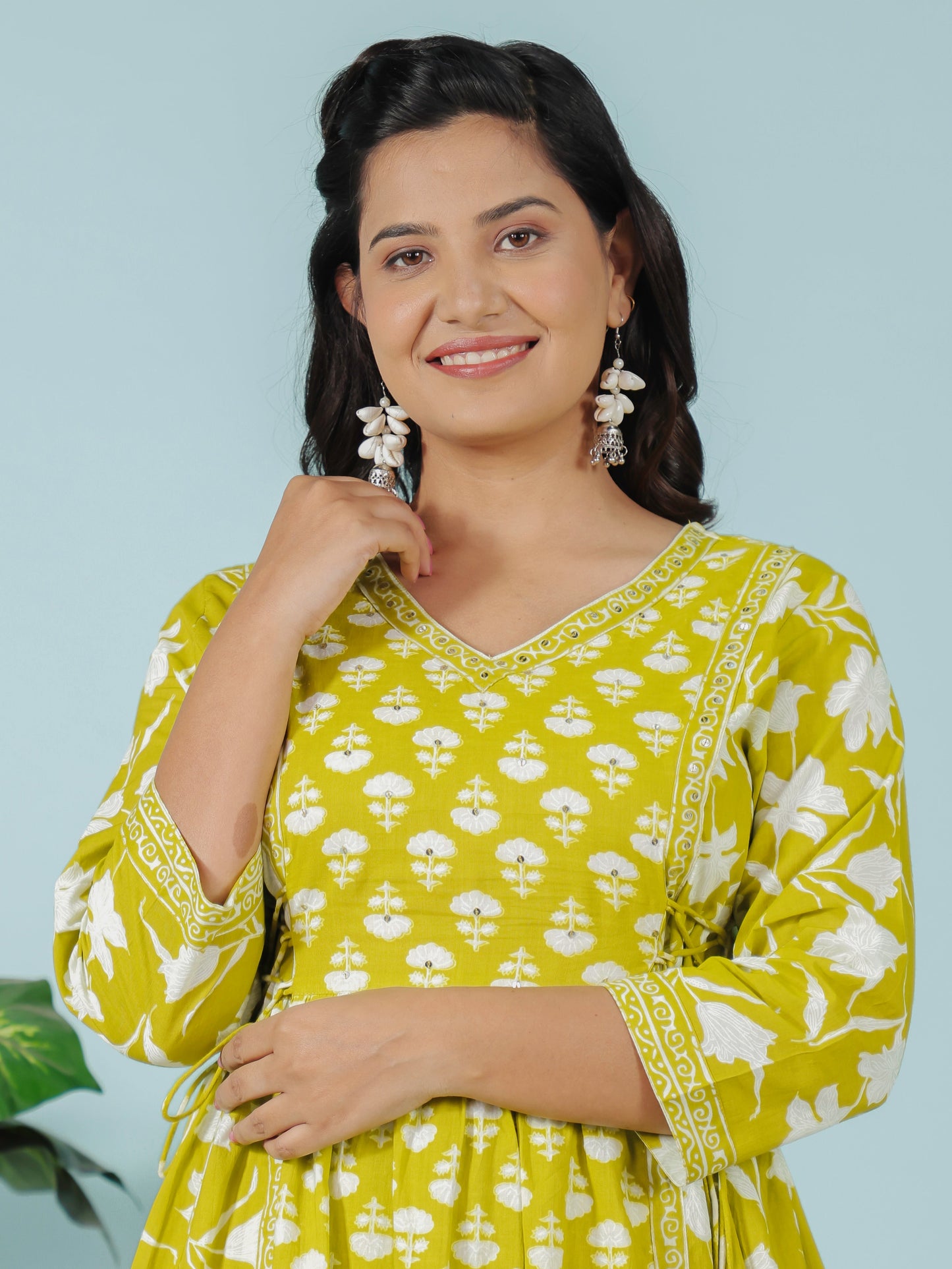 Soft Cotton Floral Flared Green Kurta