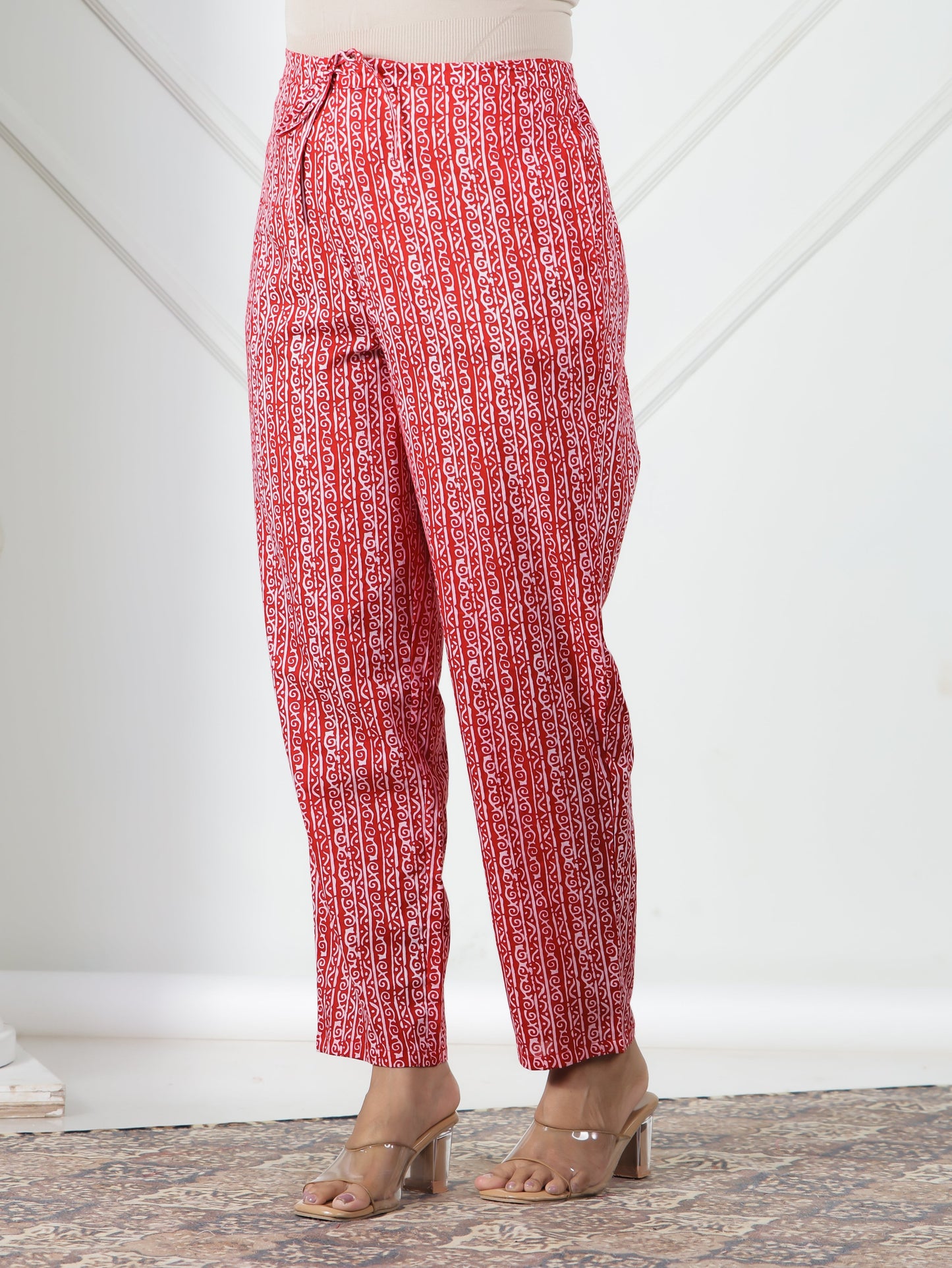 Soft Cotton Striped Red Tapered Trousers