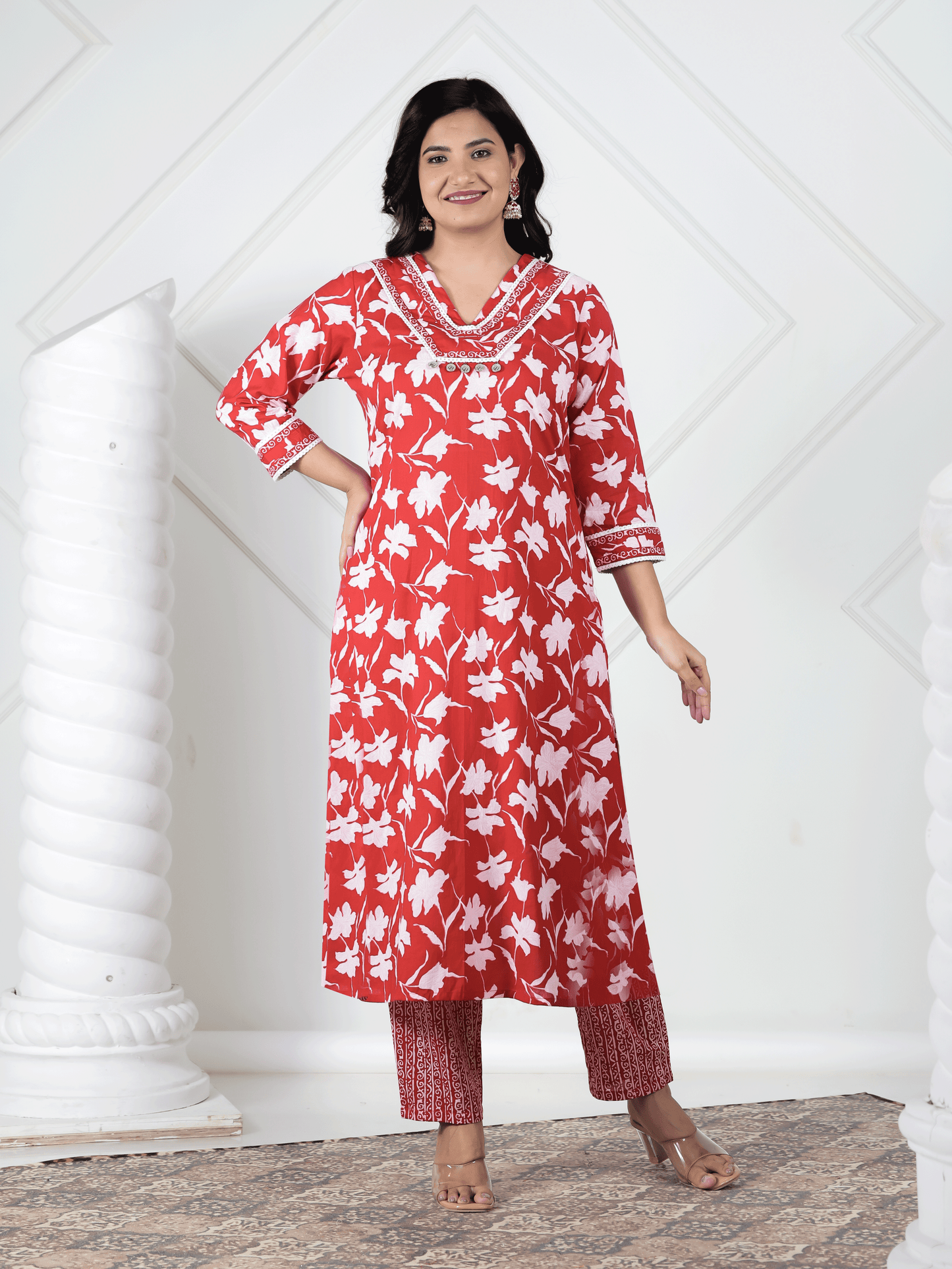 Soft Cotton Floral Straight Red Kurta
