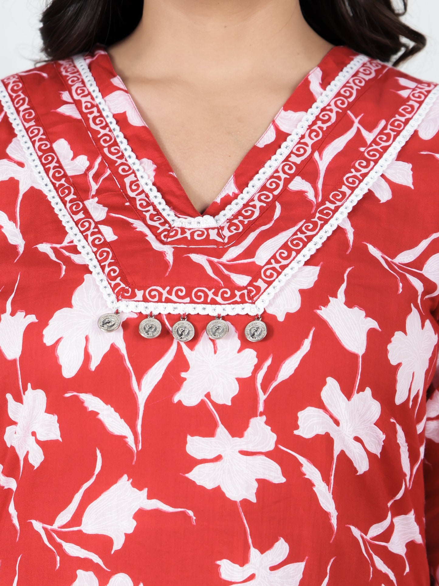 Soft Cotton Floral Straight Red Kurta