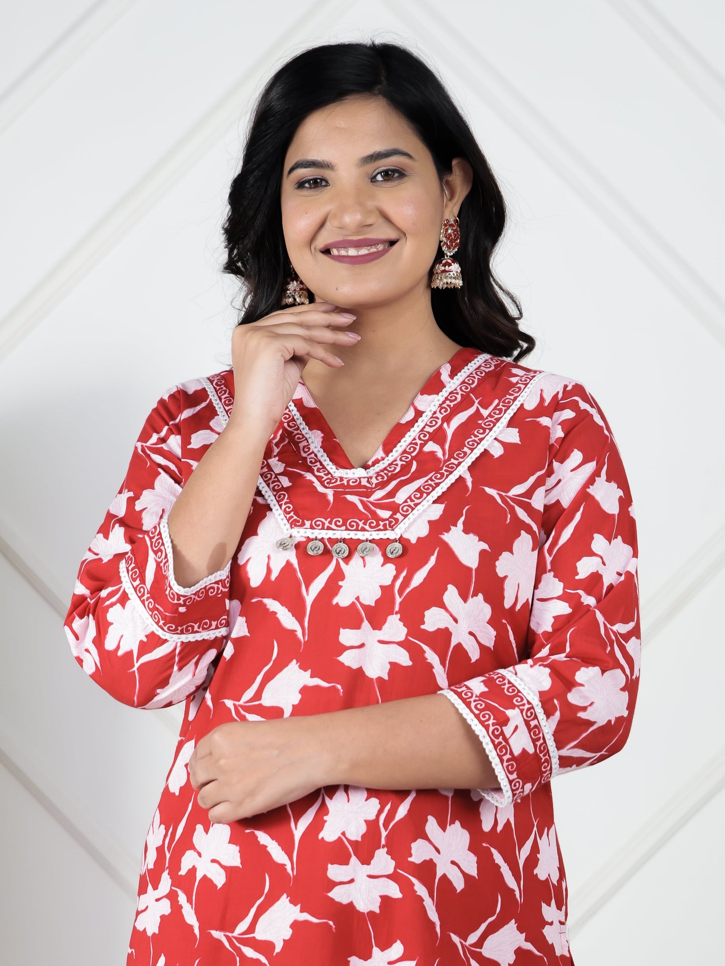 Soft Cotton Floral Straight Red Kurta