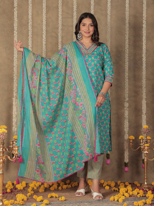 Voile Cotton Floral Blue Dupatta