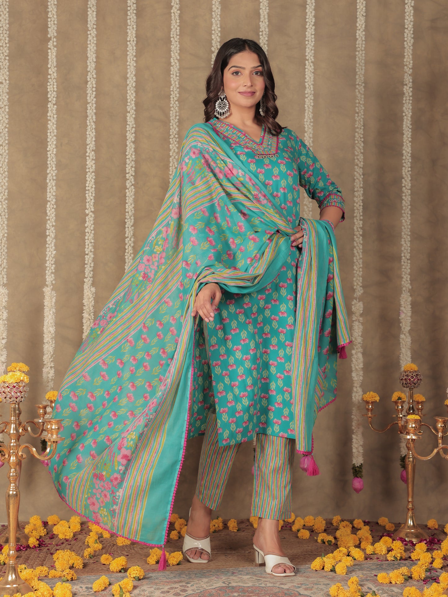 Voile Cotton Floral Blue Dupatta