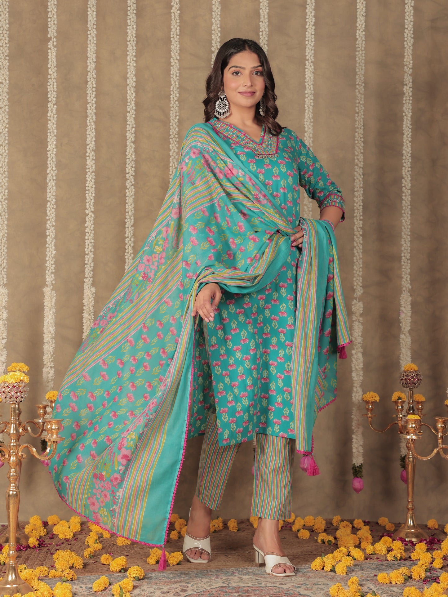 Voile Cotton Floral Blue Dupatta