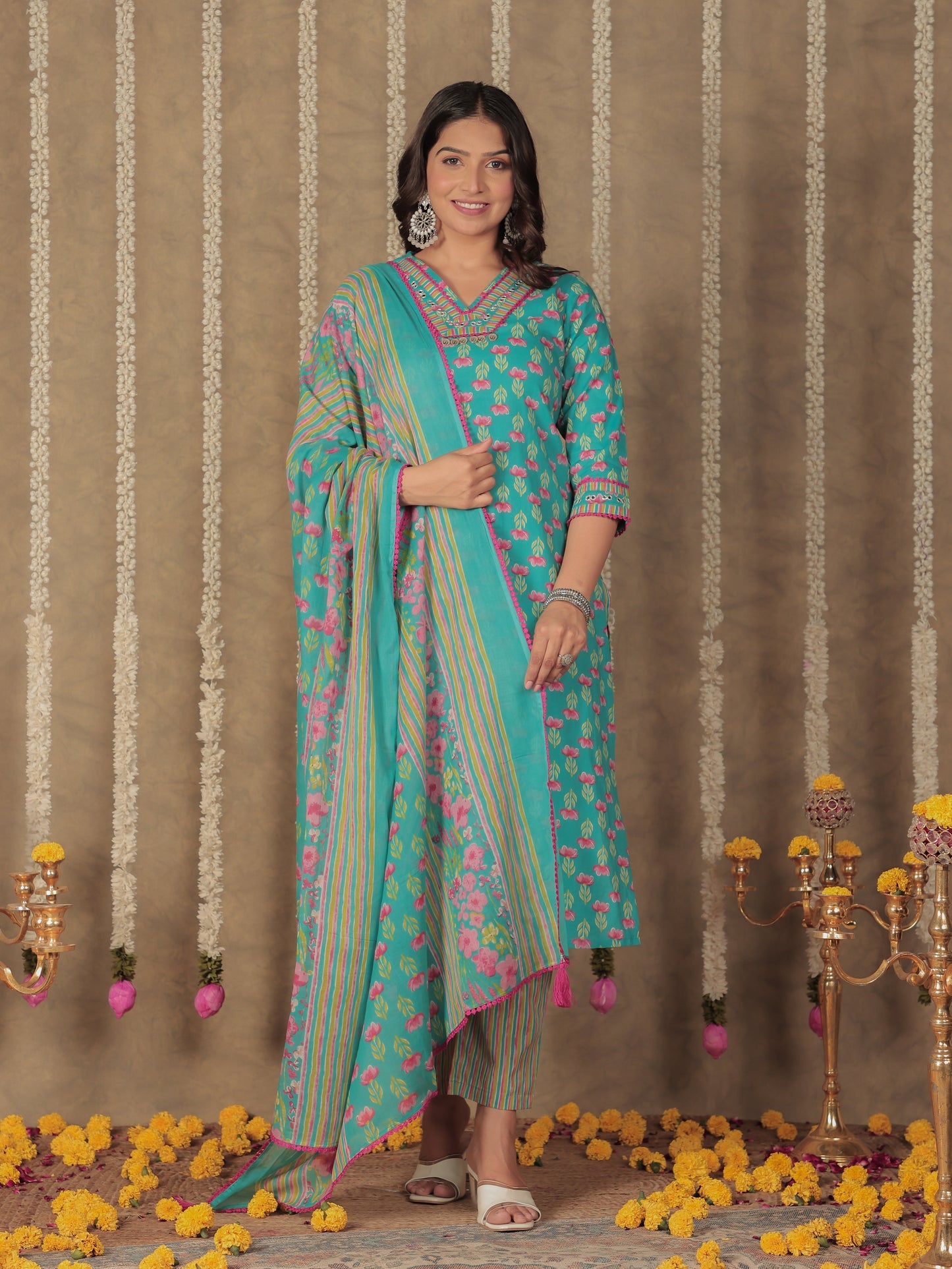 Voile Cotton Floral Blue Dupatta
