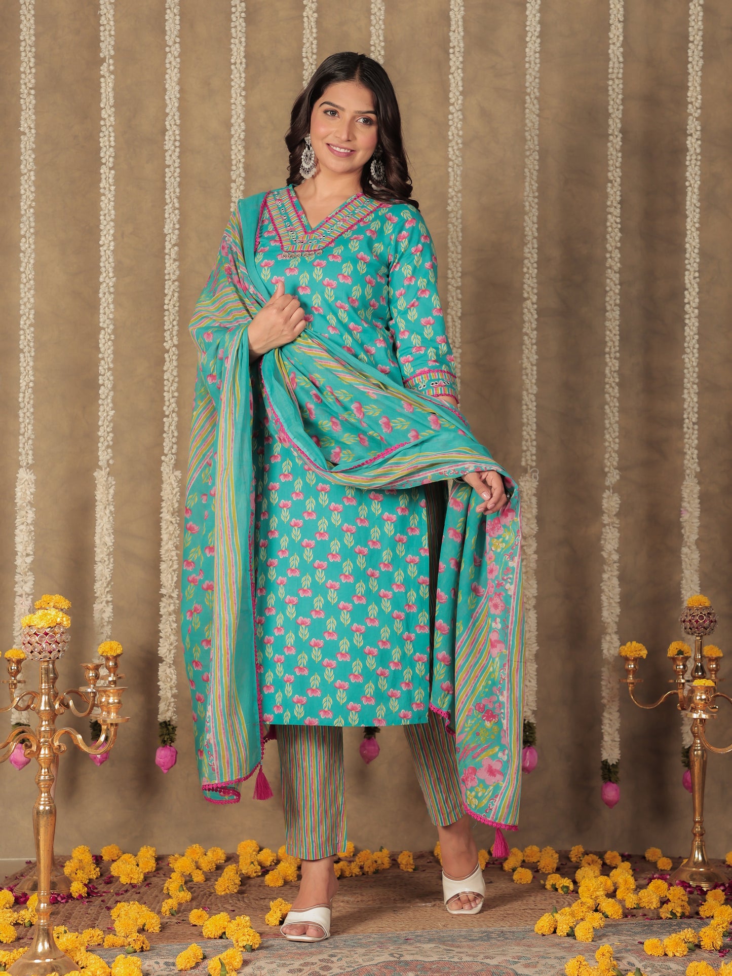 Embroidered Soft Cotton Floral A-line Blue Kurta