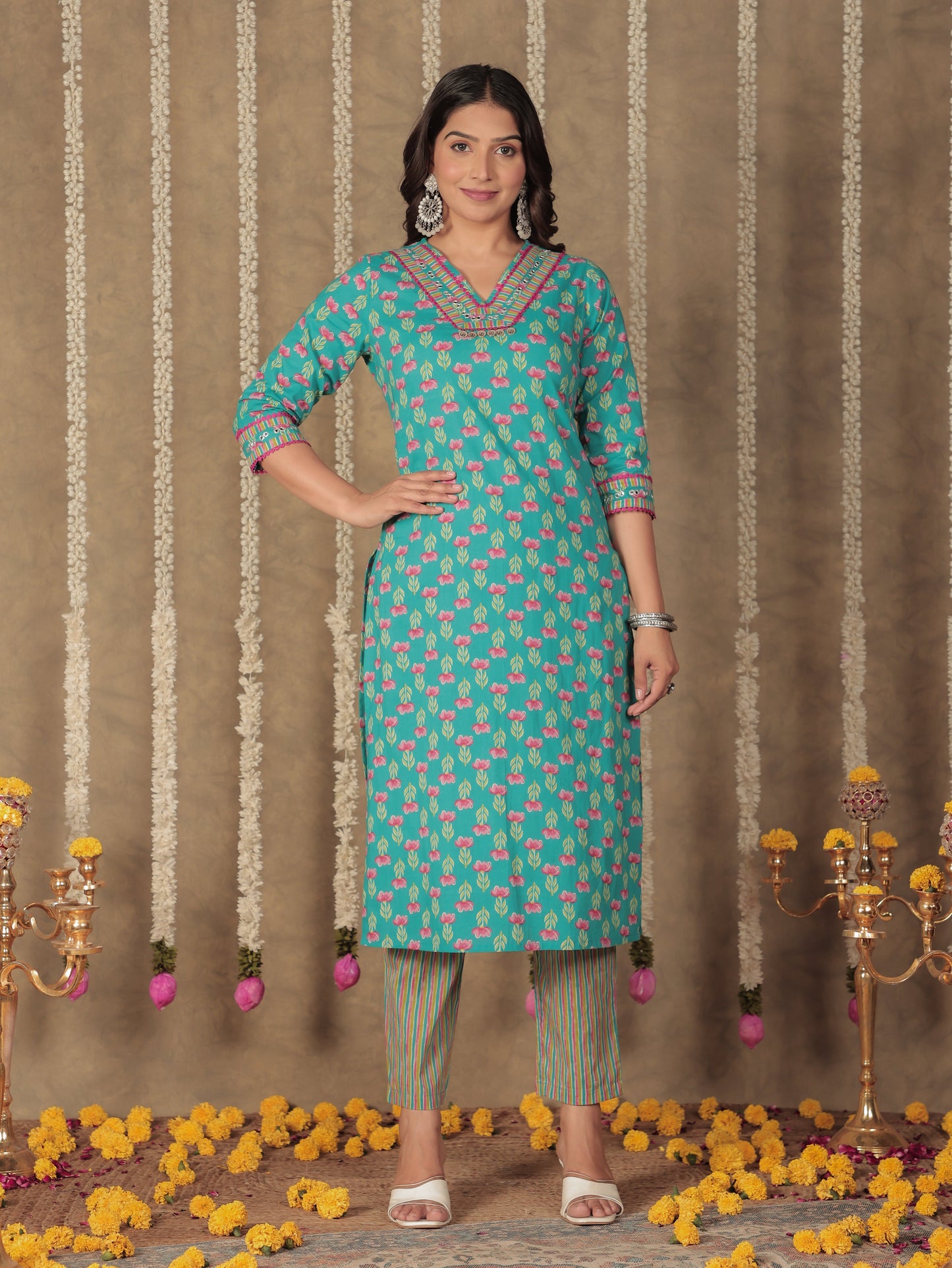 Embroidered Soft Cotton Floral A-line Blue Kurta