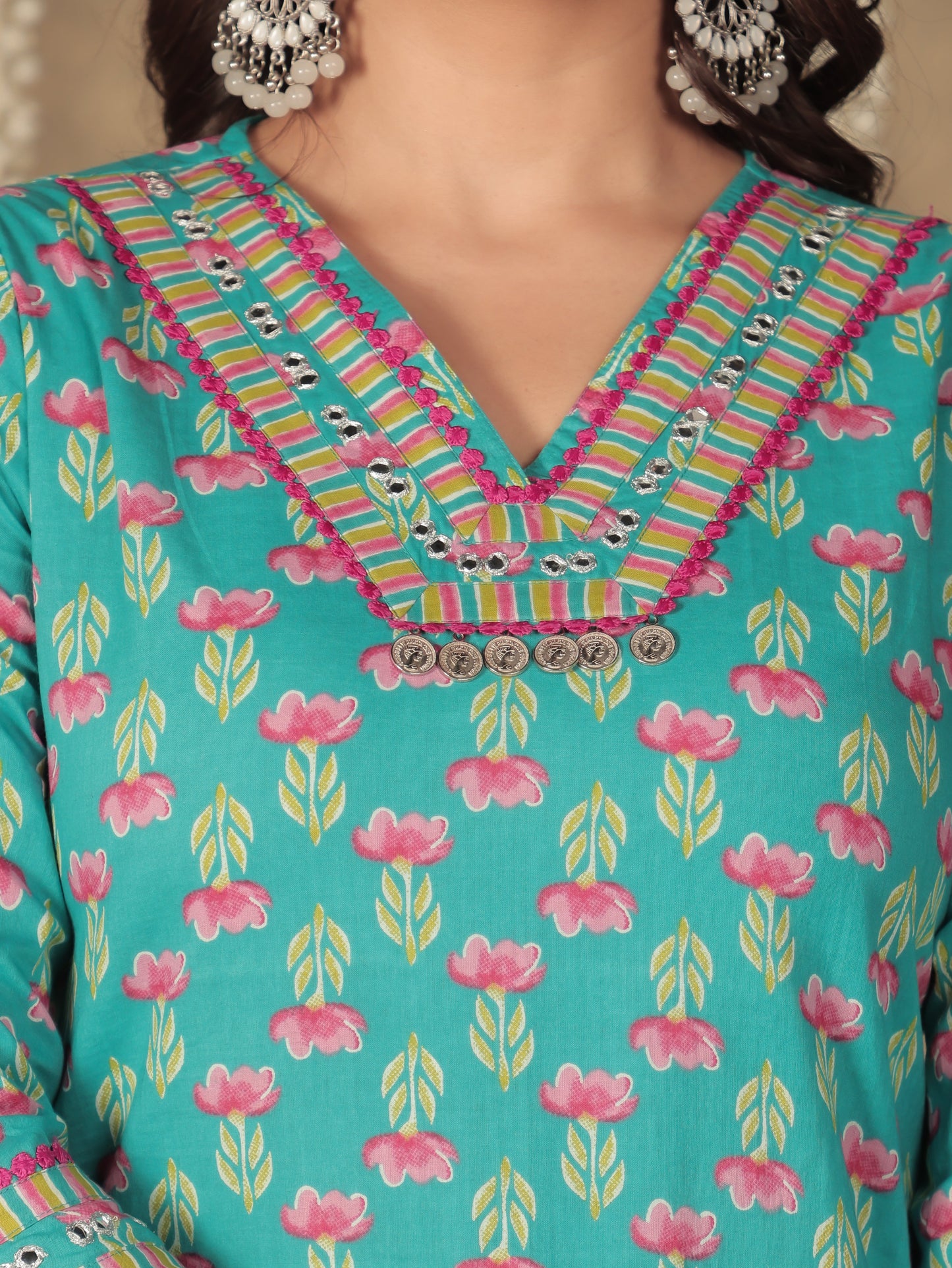 Embroidered Soft Cotton Floral A-line Blue Kurta