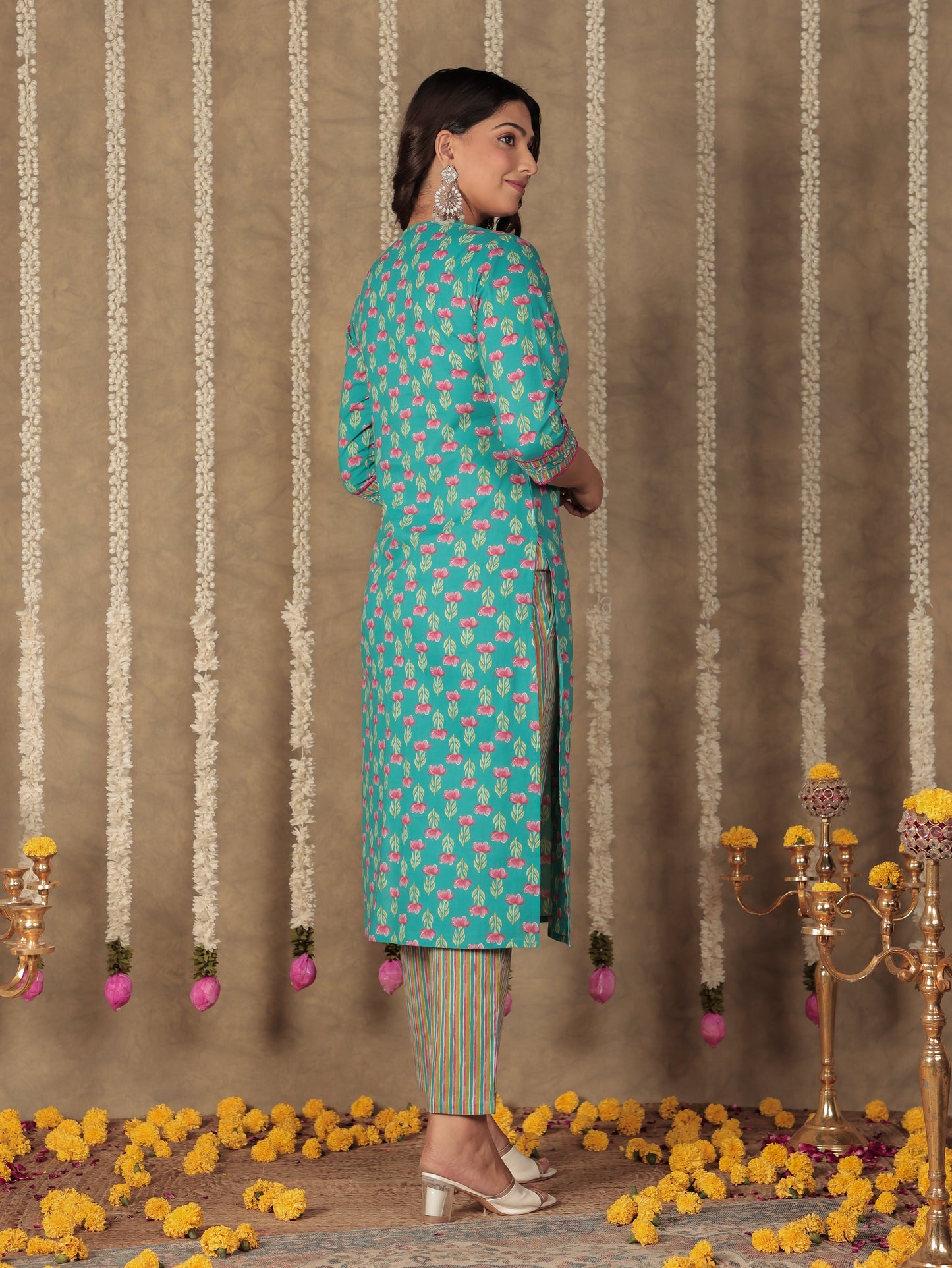 Embroidered Soft Cotton Floral A-line Blue Kurta