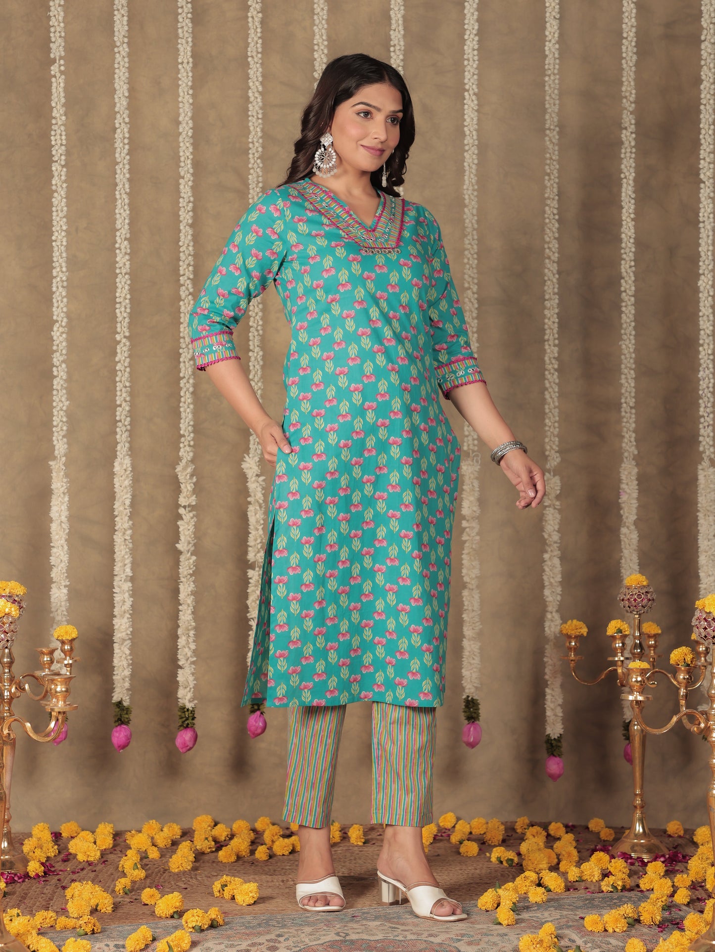 Embroidered Soft Cotton Floral A-line Blue Kurta
