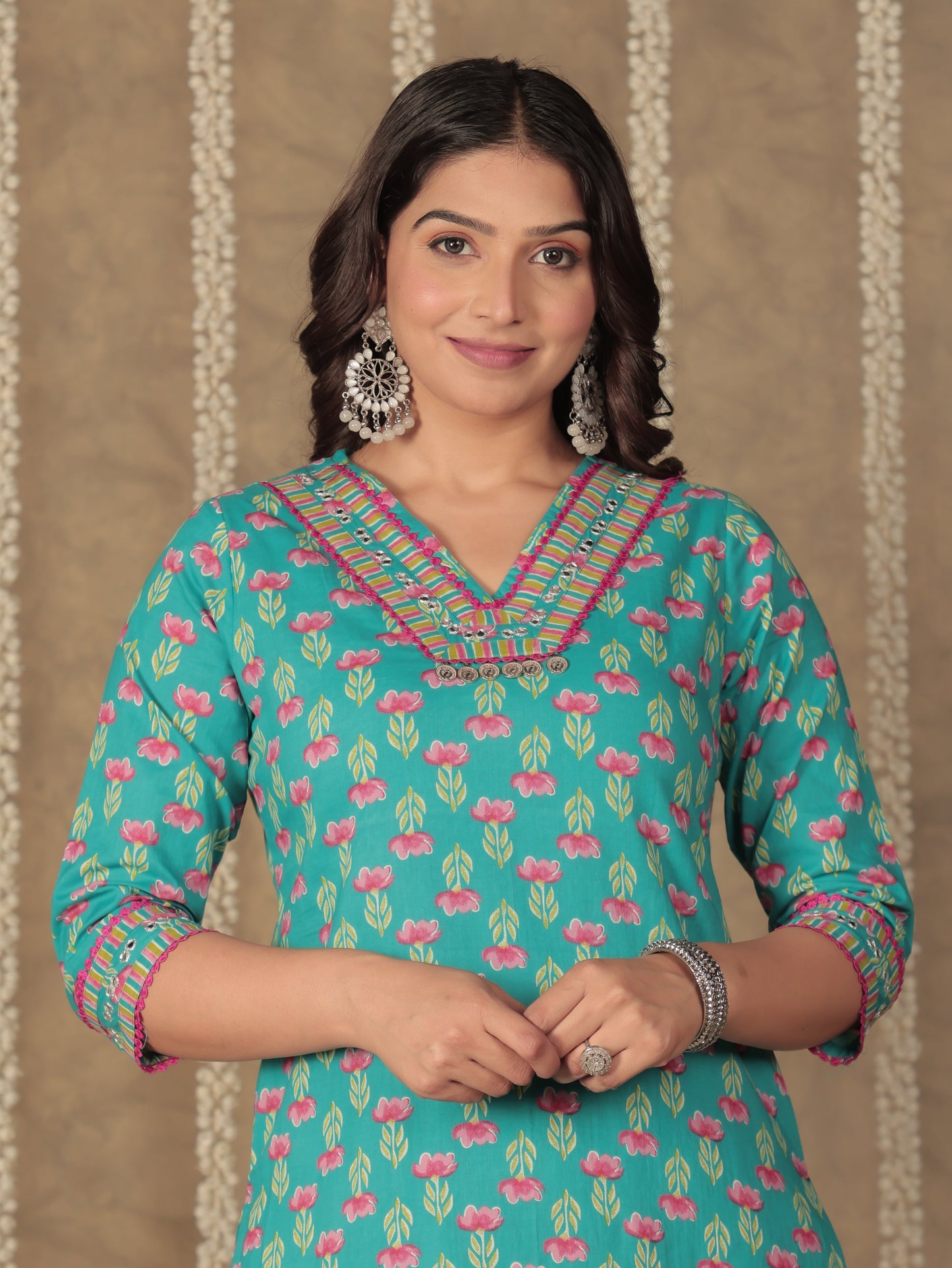 Embroidered Soft Cotton Floral A-line Blue Kurta